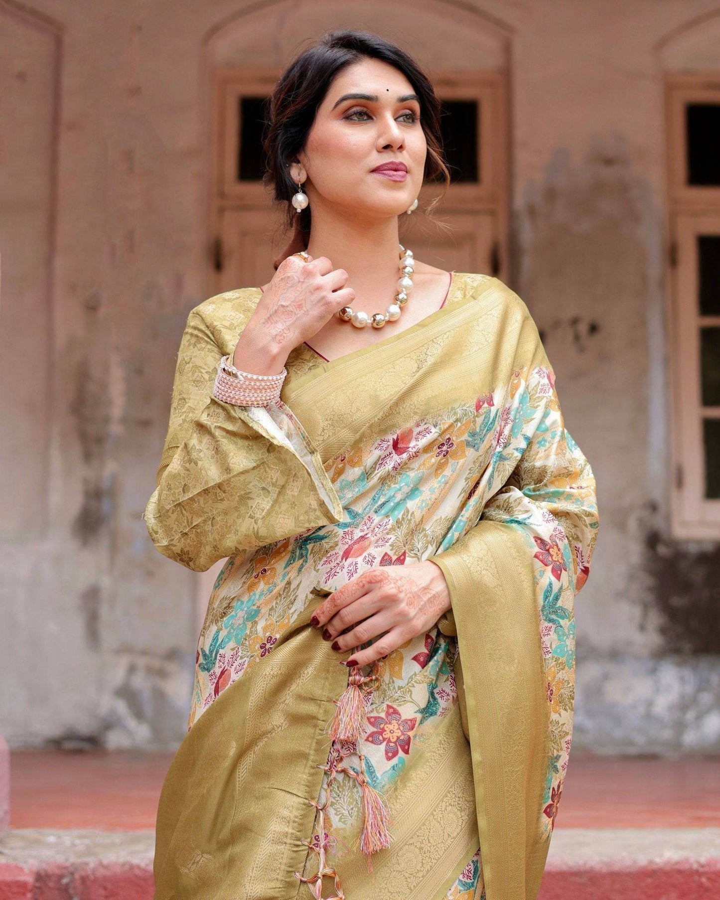 Golden Yellow Banarasi Silk Saree with Multicolor Floral Print and Zari Border - SEEANS