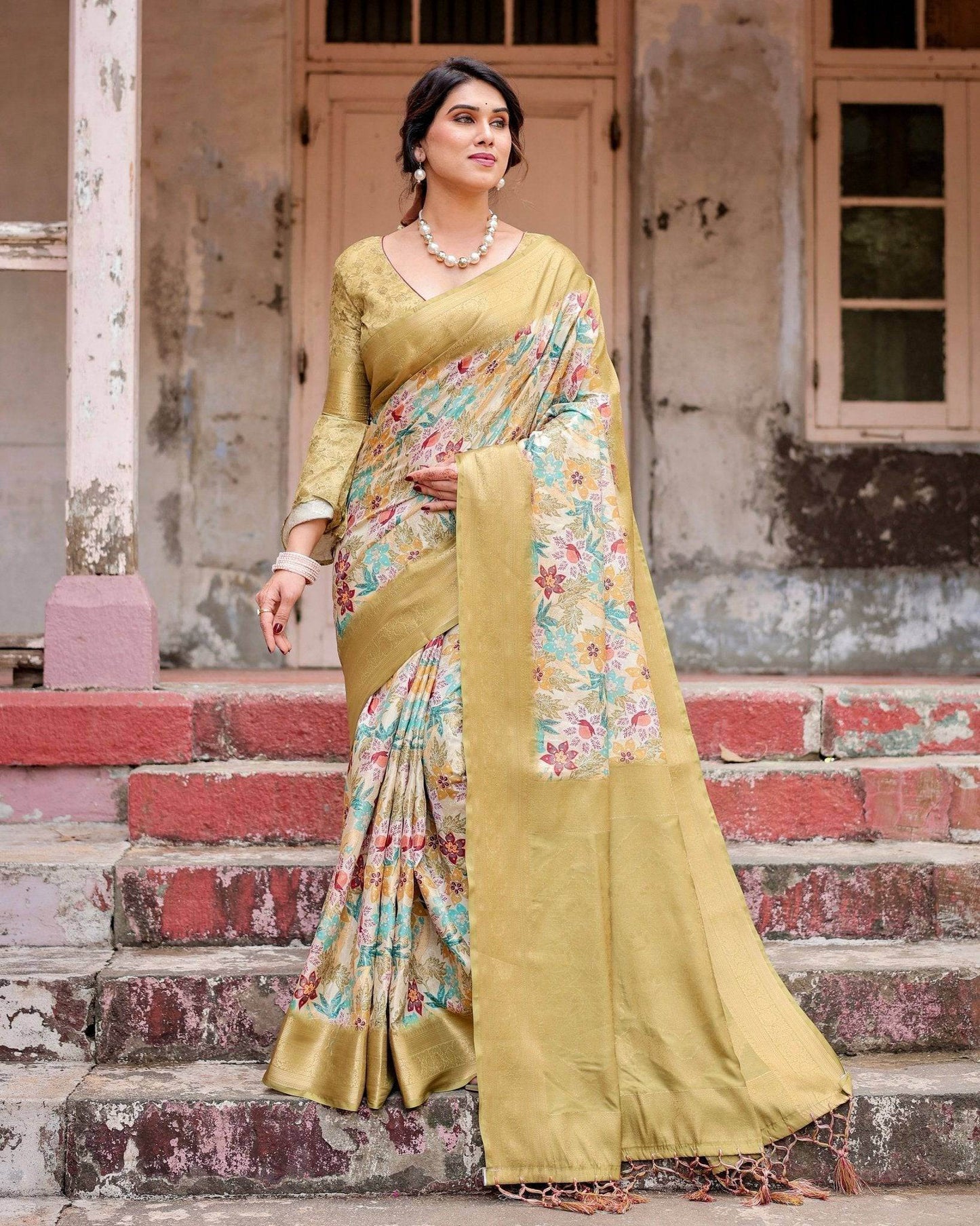 Golden Yellow Banarasi Silk Saree with Multicolor Floral Print and Zari Border - SEEANS