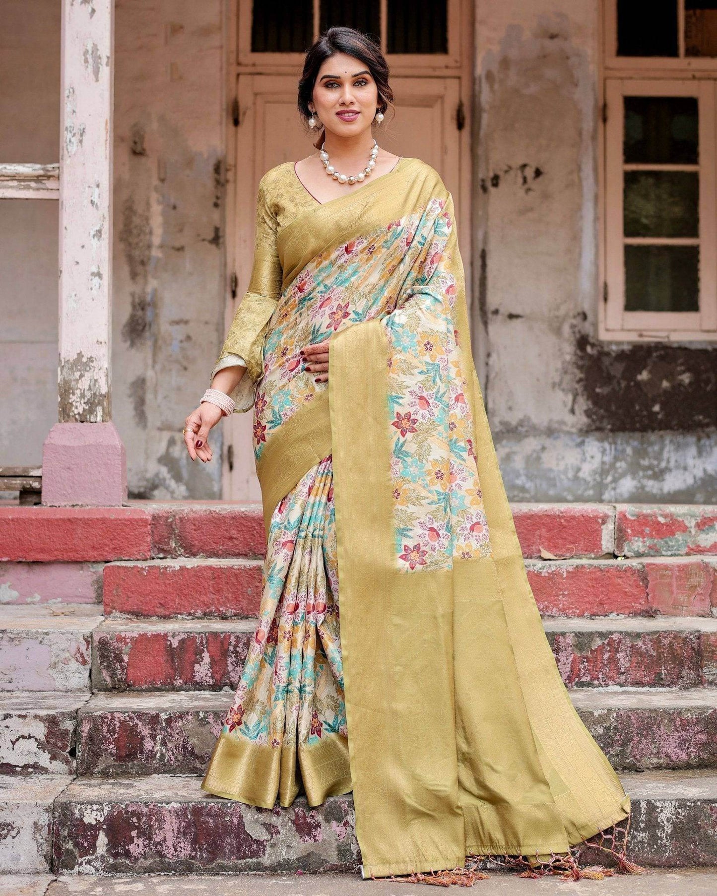 Golden Yellow Banarasi Silk Saree with Multicolor Floral Print and Zari Border - SEEANS