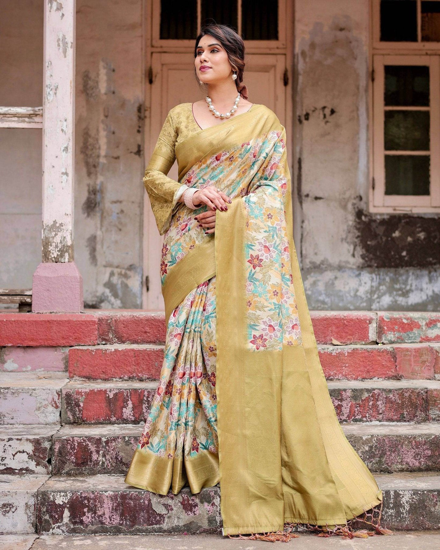 Golden Yellow Banarasi Silk Saree with Multicolor Floral Print and Zari Border - SEEANS