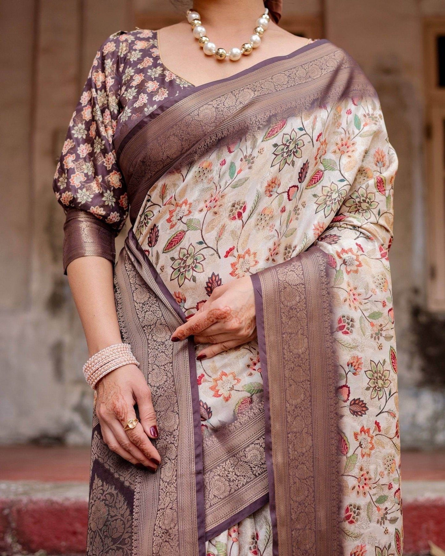 Ivory Banarasi Silk Saree with Plum Zari Border, Floral Print, and Tassels - SEEANS