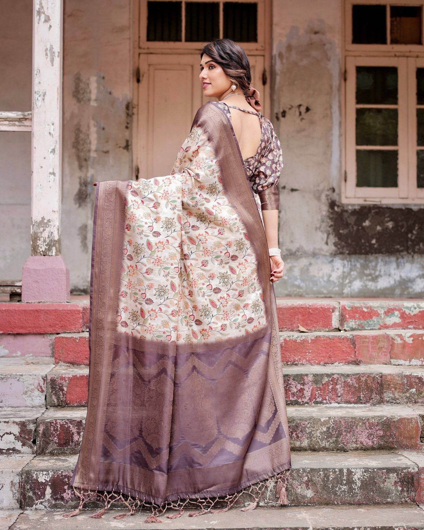 Ivory Banarasi Silk Saree with Plum Zari Border, Floral Print, and Tassels - SEEANS