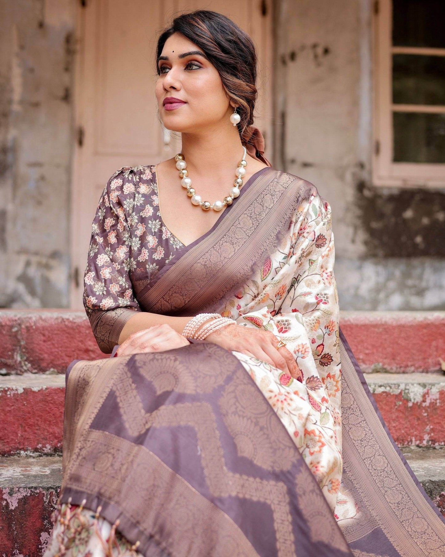 Ivory Banarasi Silk Saree with Plum Zari Border, Floral Print, and Tassels - SEEANS