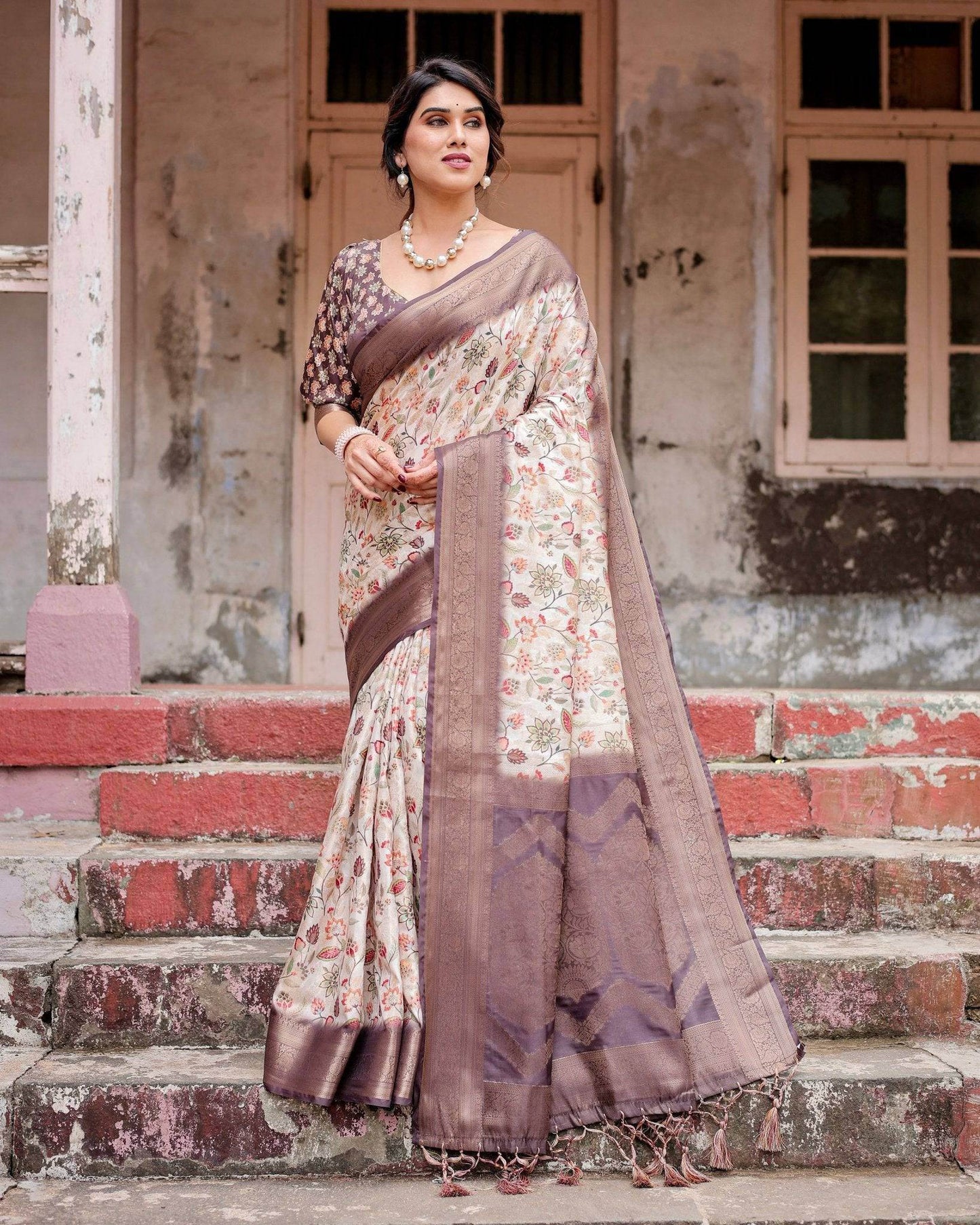 Ivory Banarasi Silk Saree with Plum Zari Border, Floral Print, and Tassels - SEEANS