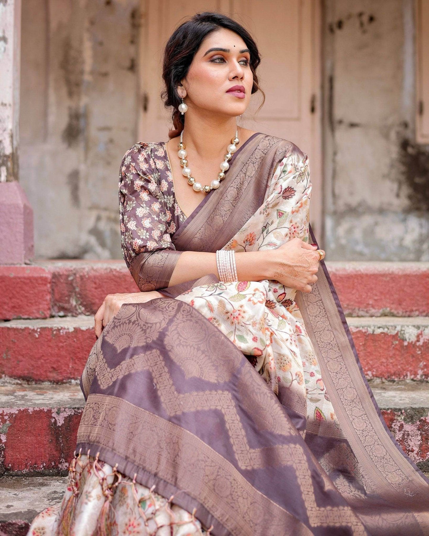 Ivory Banarasi Silk Saree with Plum Zari Border, Floral Print, and Tassels - SEEANS