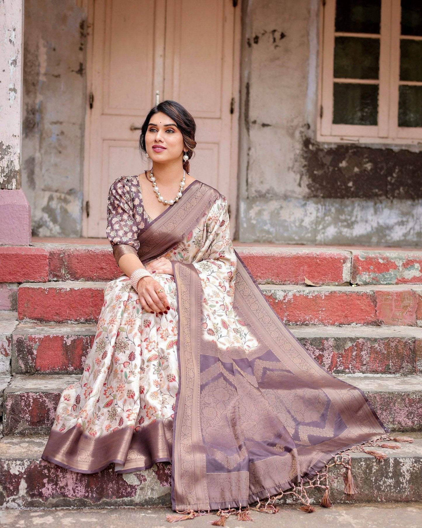 Ivory Banarasi Silk Saree with Plum Zari Border, Floral Print, and Tassels - SEEANS