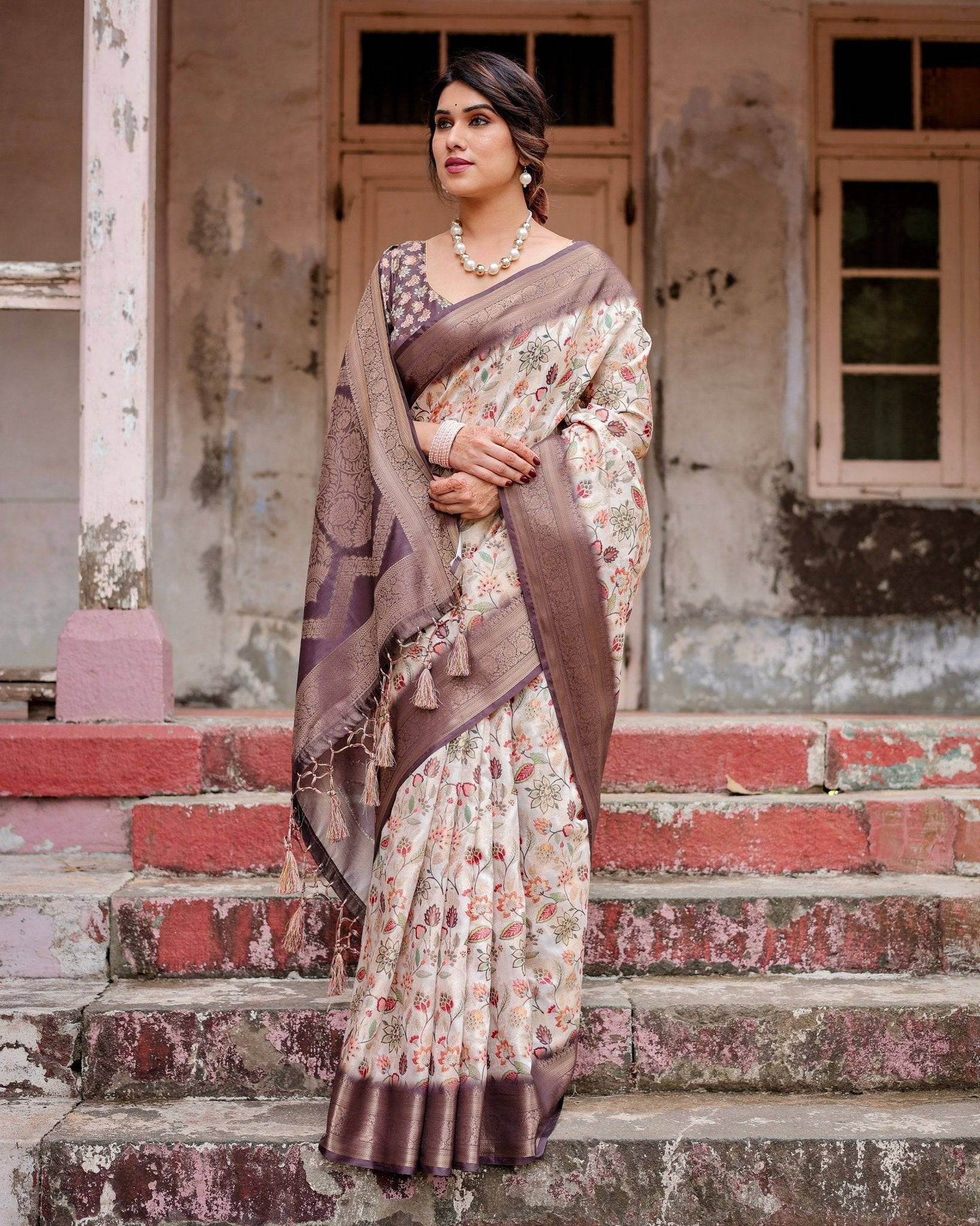 Ivory Banarasi Silk Saree with Plum Zari Border, Floral Print, and Tassels - SEEANS