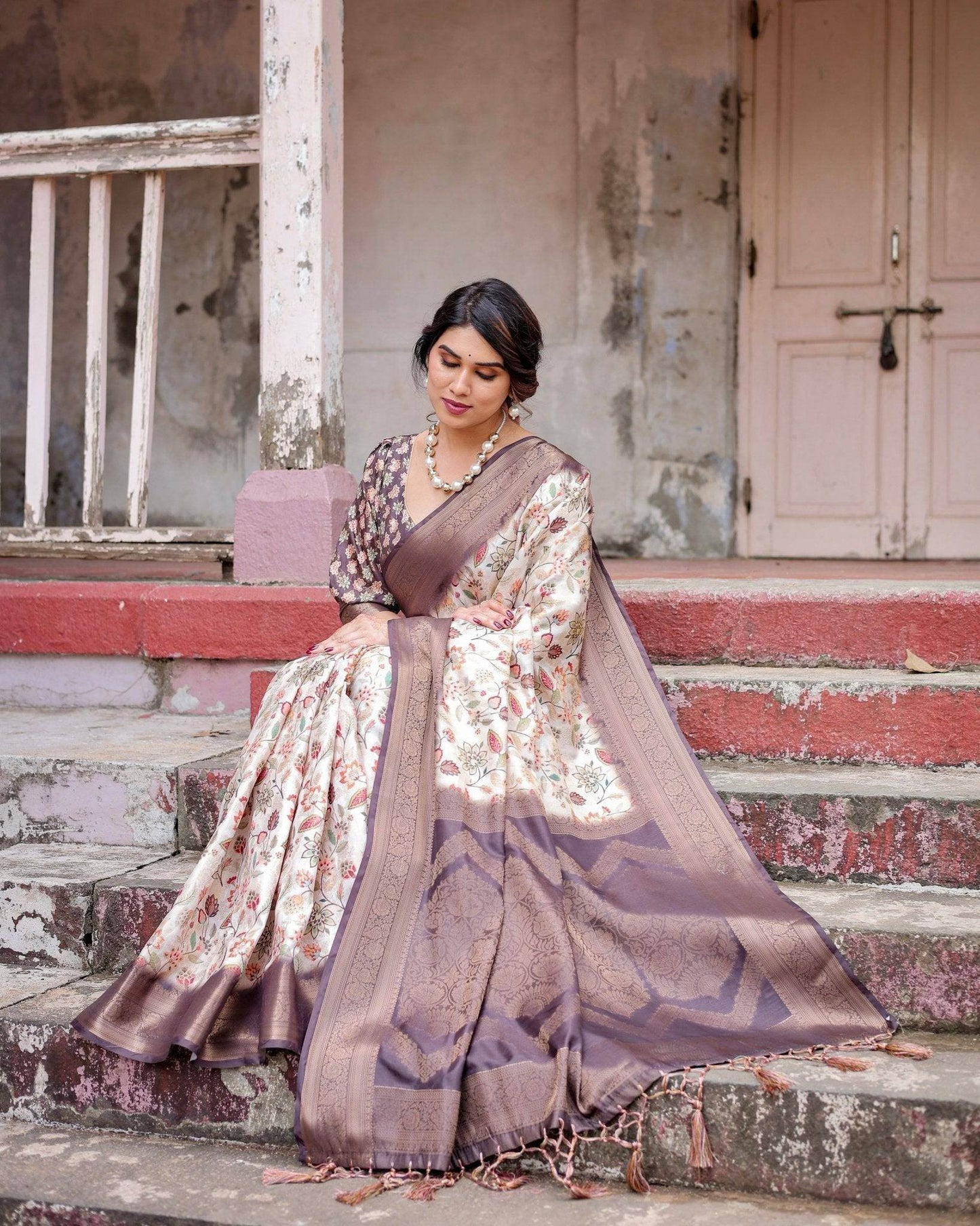 Ivory Banarasi Silk Saree with Plum Zari Border, Floral Print, and Tassels - SEEANS