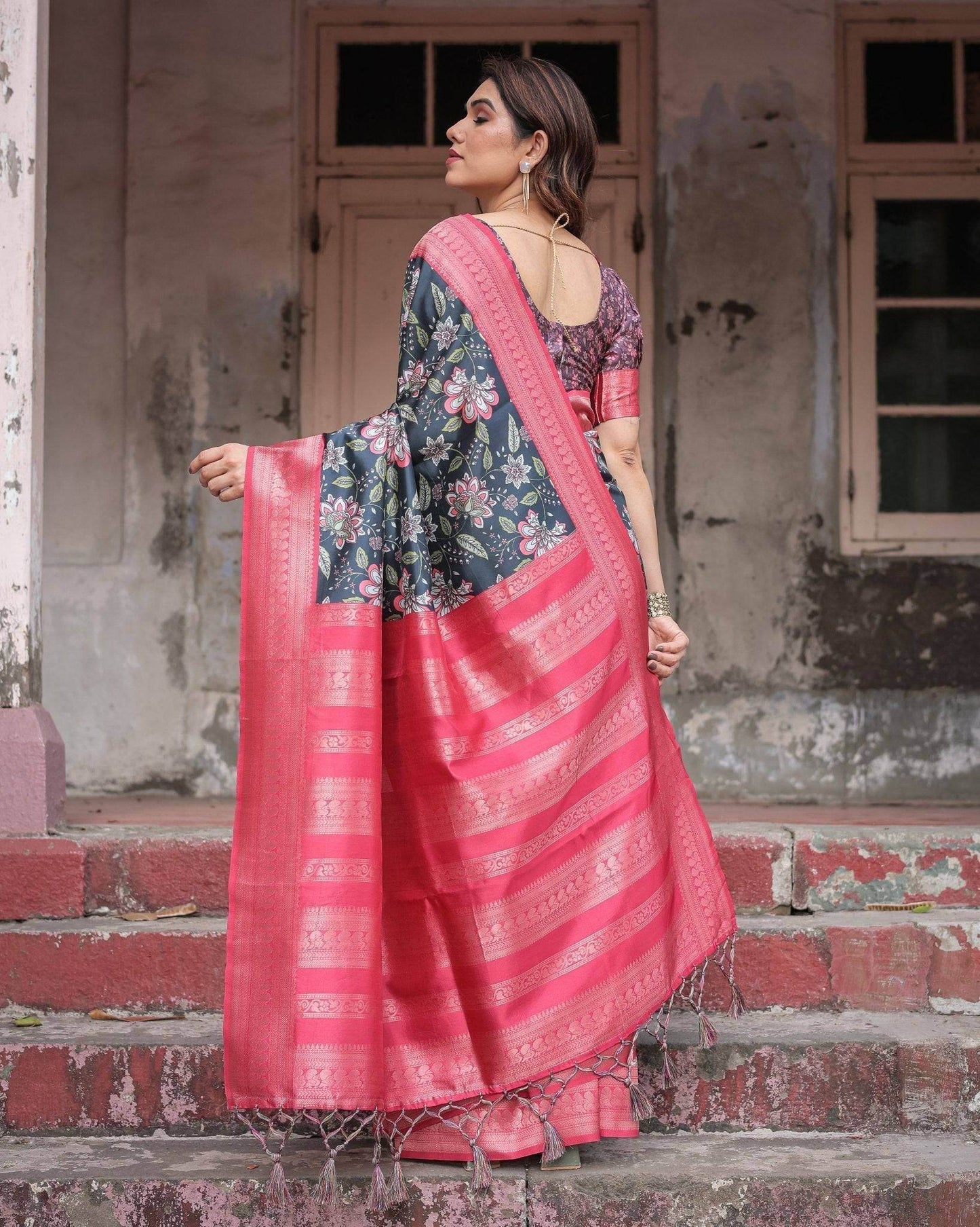 Floral Navy Banarasi Silk Saree with Bright Pink Zari Border and Tassels - SEEANS