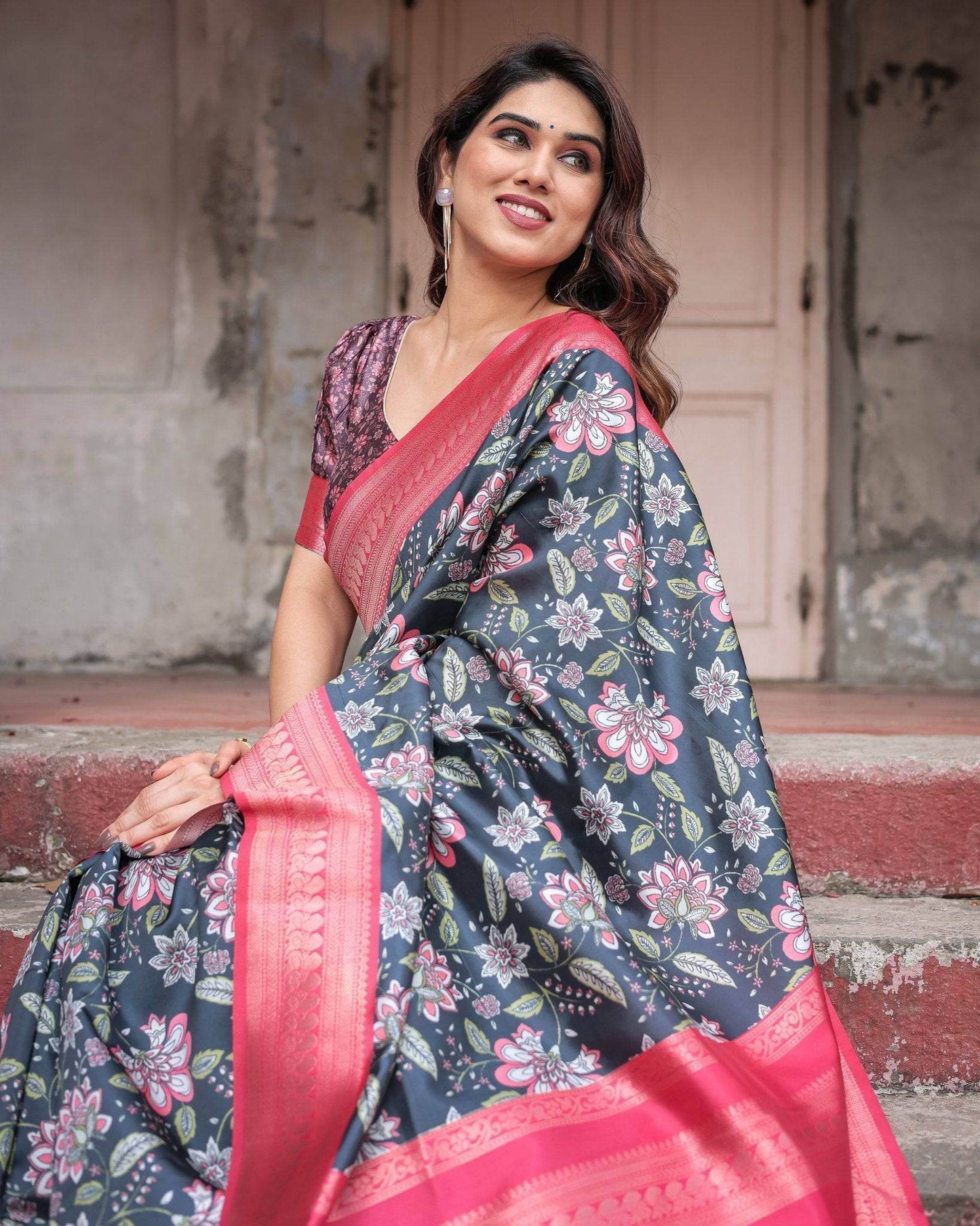 Floral Navy Banarasi Silk Saree with Bright Pink Zari Border and Tassels - SEEANS