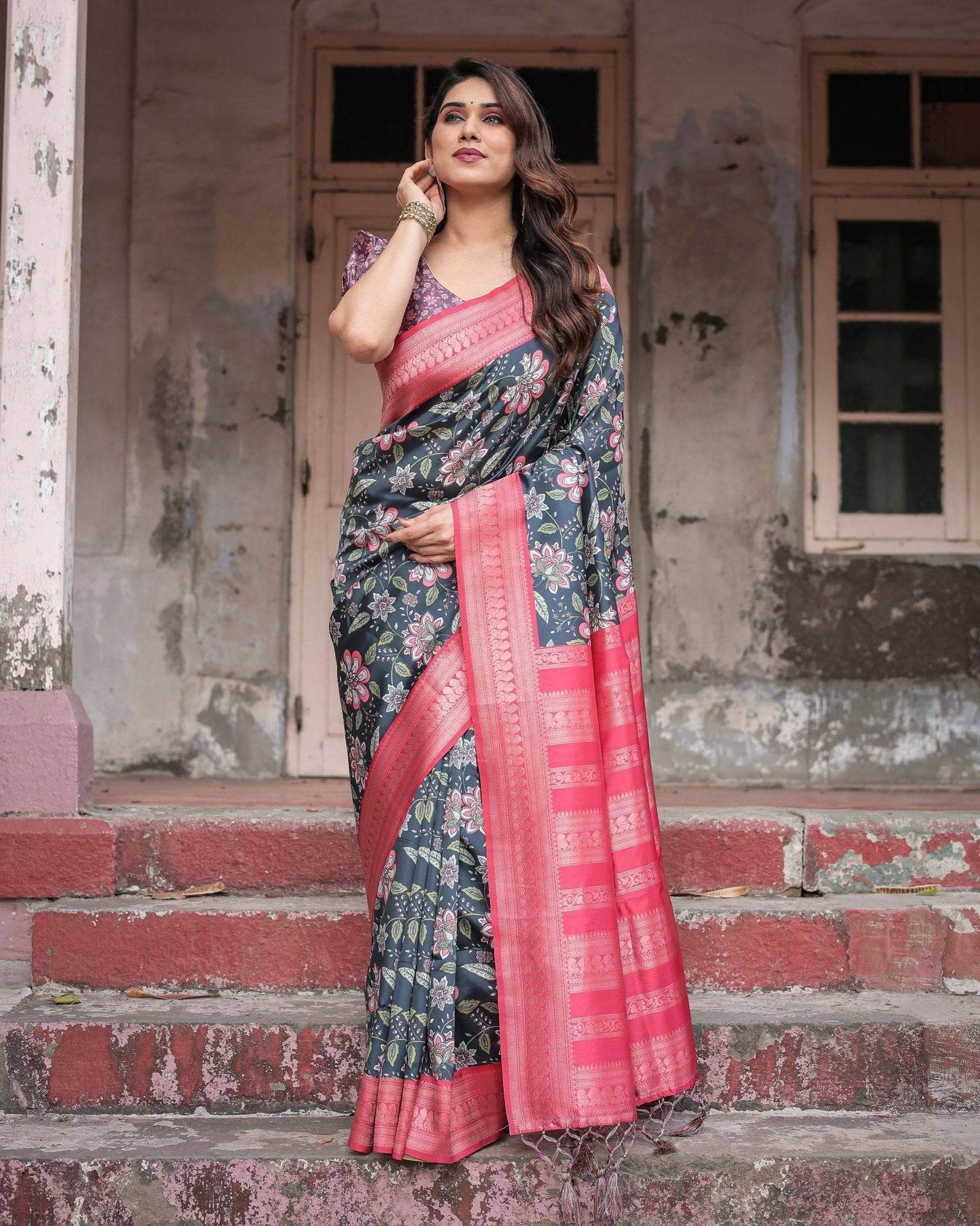 Floral Navy Banarasi Silk Saree with Bright Pink Zari Border and Tassels - SEEANS