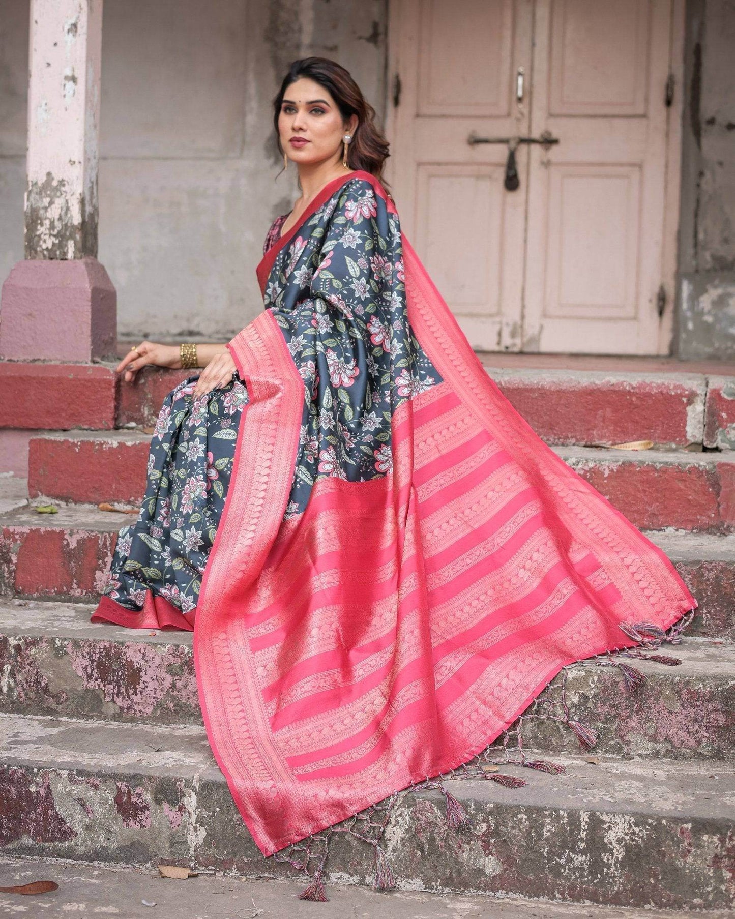 Floral Navy Banarasi Silk Saree with Bright Pink Zari Border and Tassels - SEEANS