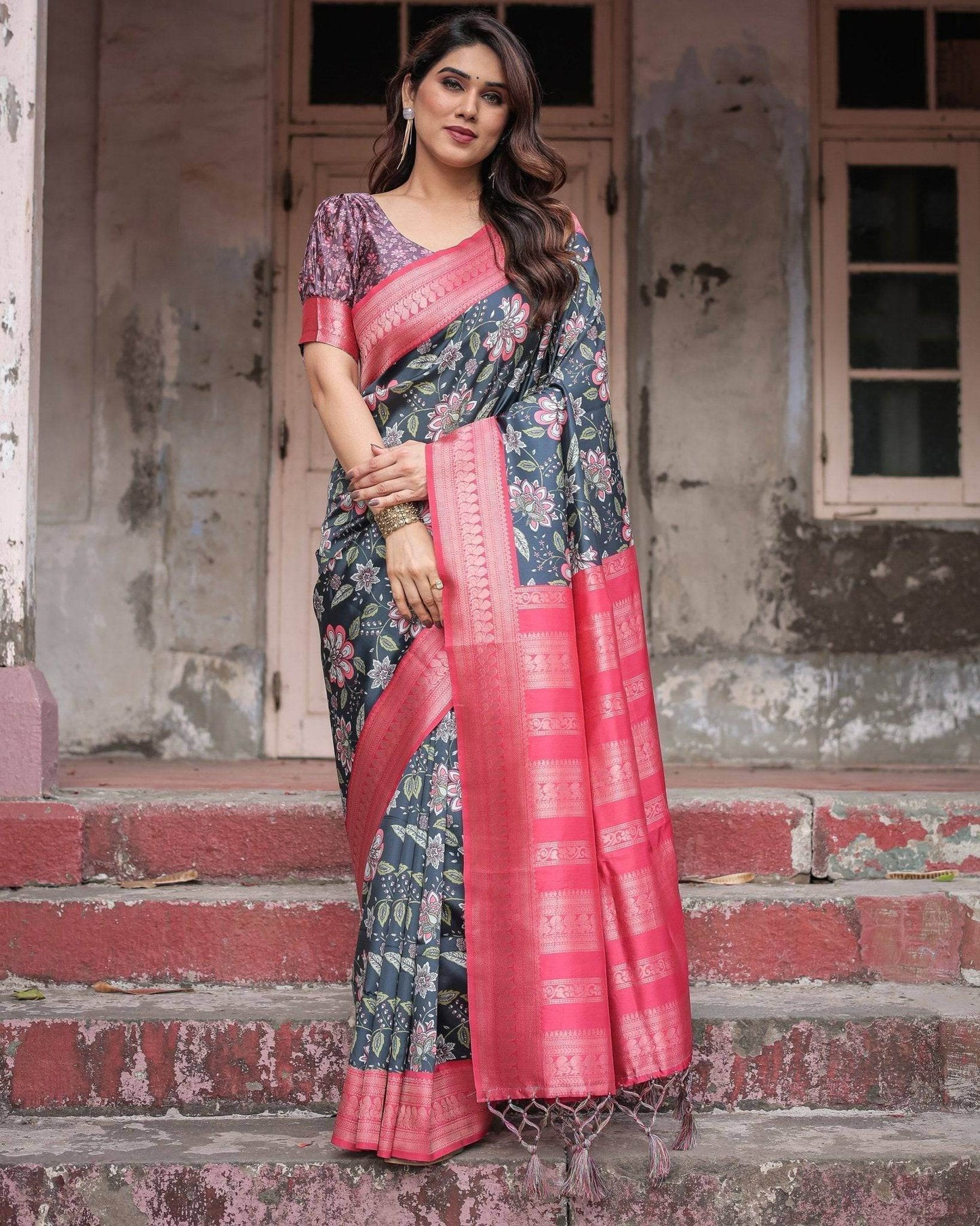 Floral Navy Banarasi Silk Saree with Bright Pink Zari Border and Tassels - SEEANS