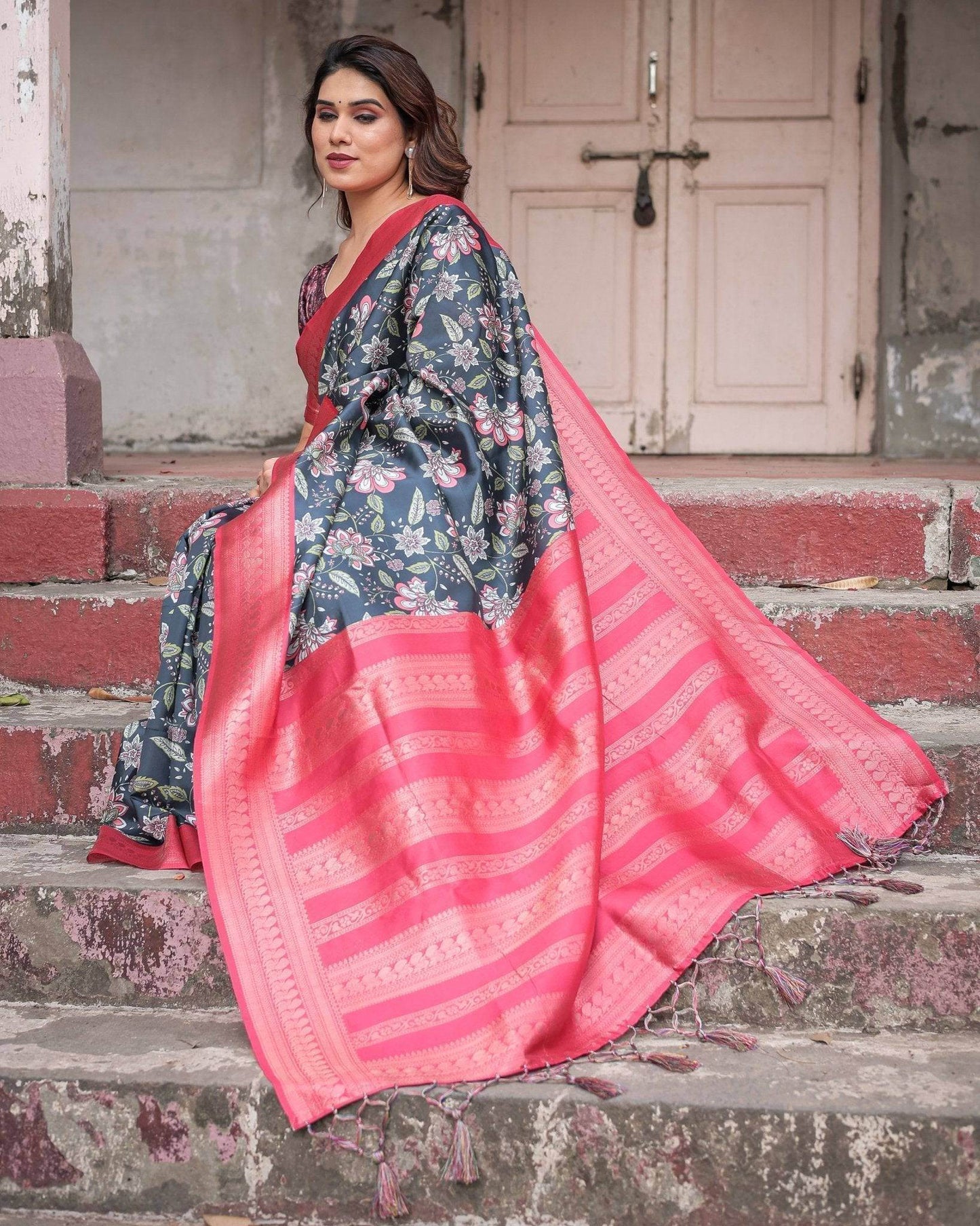 Floral Navy Banarasi Silk Saree with Bright Pink Zari Border and Tassels - SEEANS