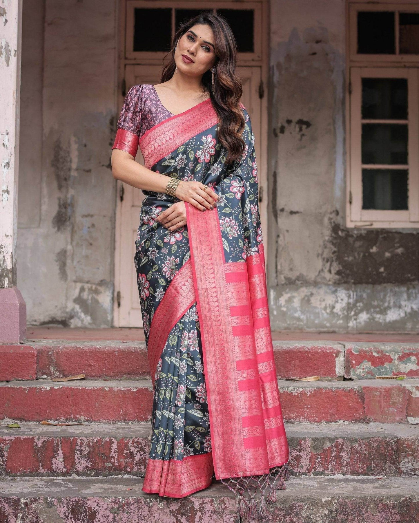 Floral Navy Banarasi Silk Saree with Bright Pink Zari Border and Tassels - SEEANS