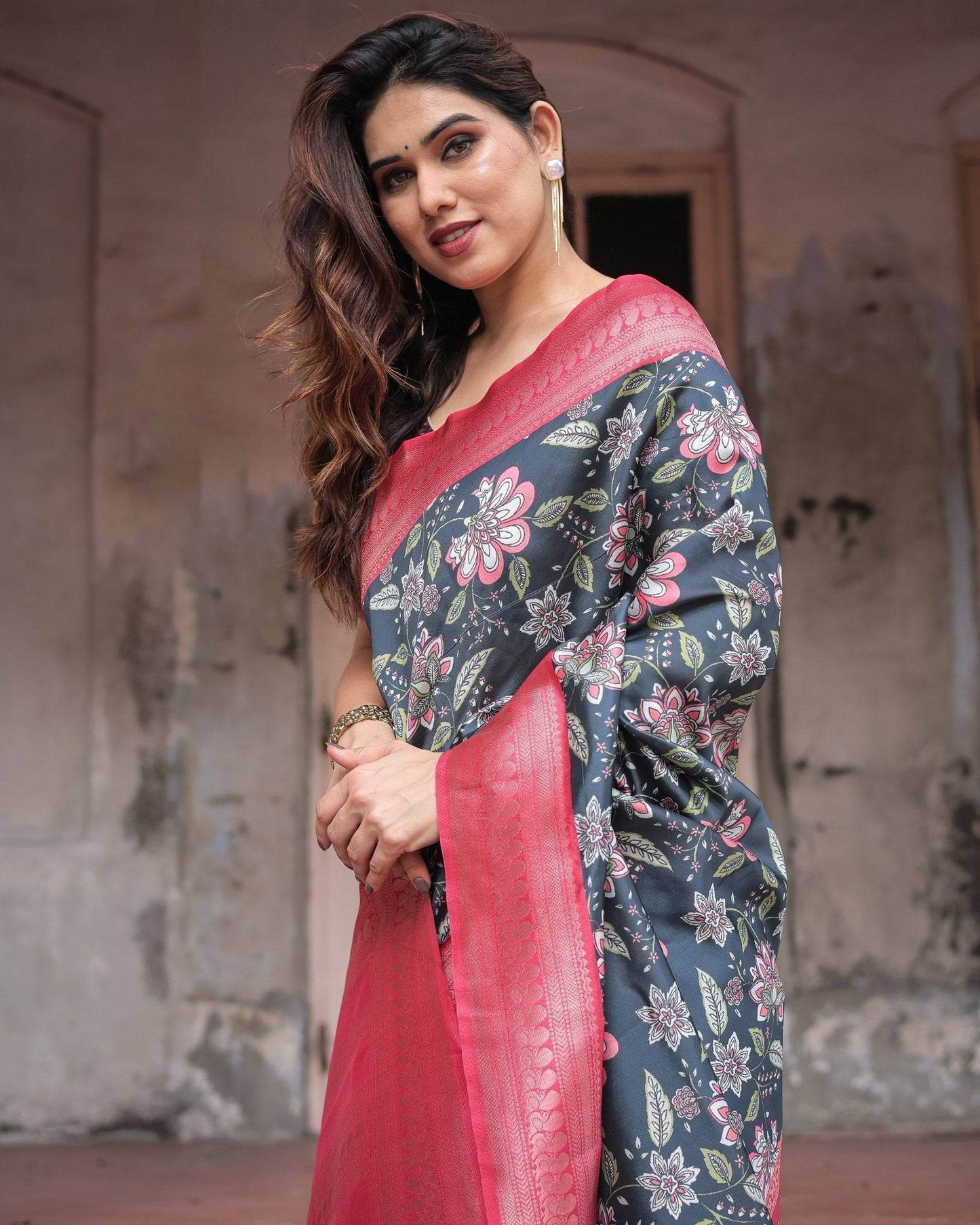 Floral Navy Banarasi Silk Saree with Bright Pink Zari Border and Tassels - SEEANS