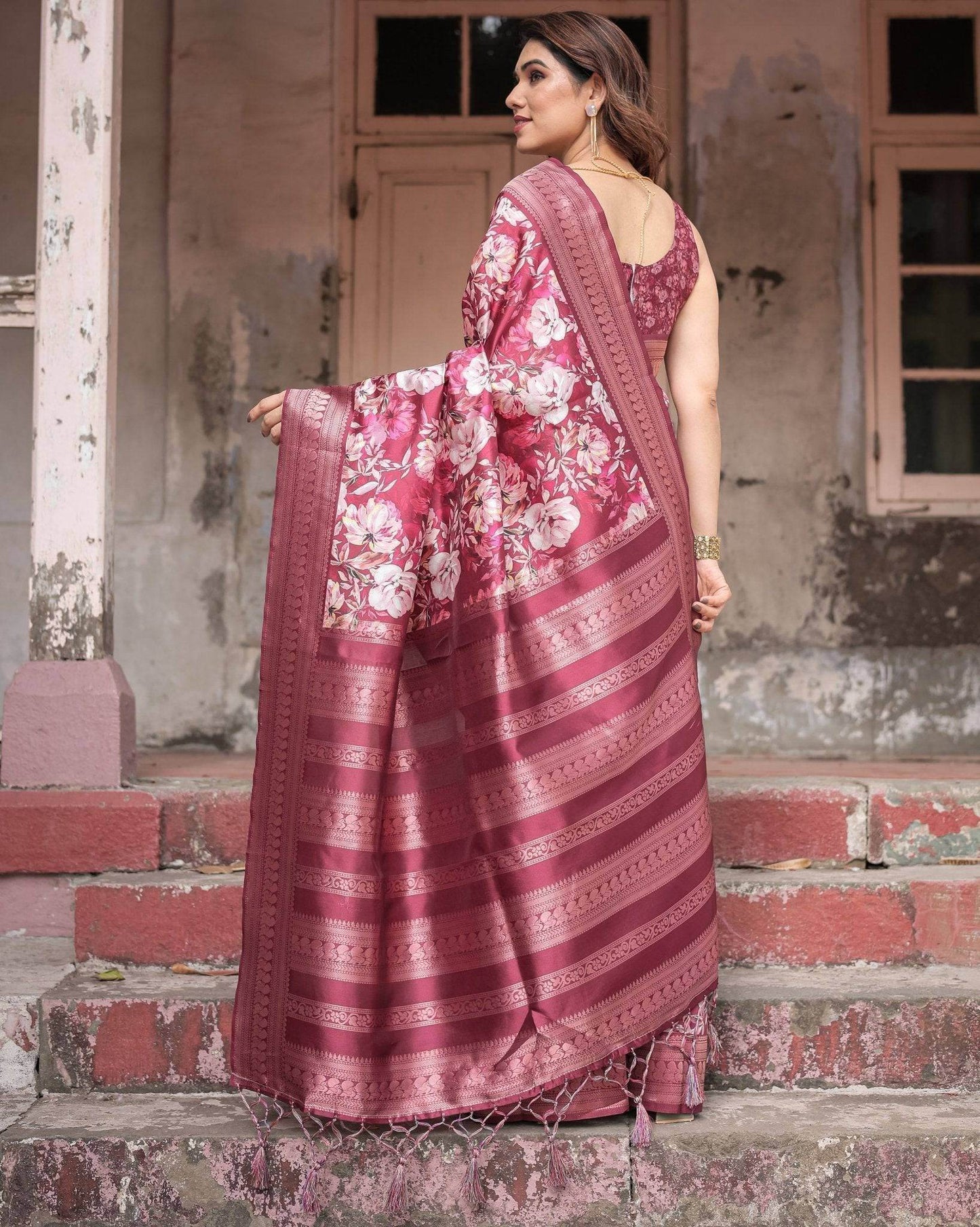 Maroon Banarasi Silk Saree with Bold Floral Digital Print & Rich Zari Border - SEEANS