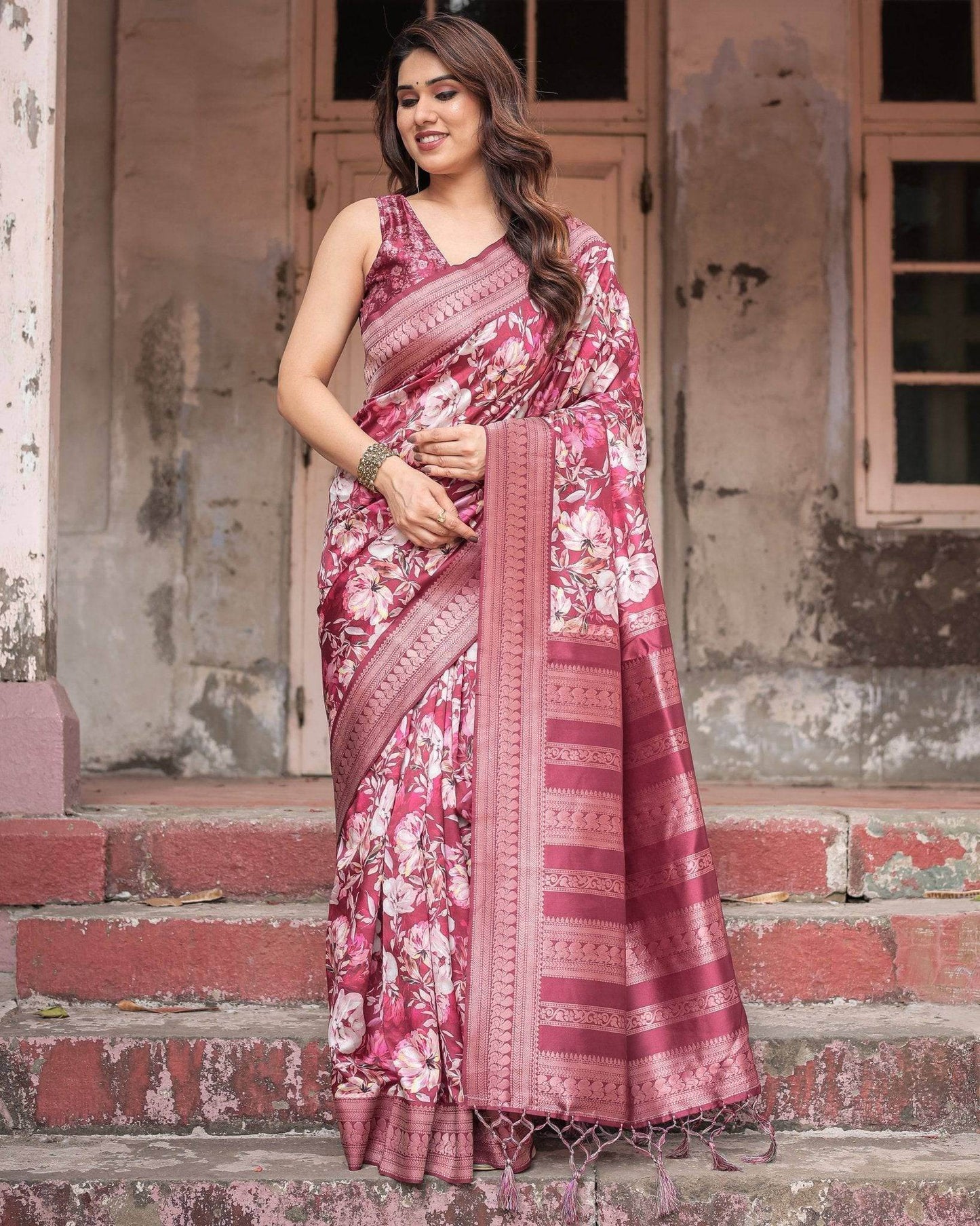 Maroon Banarasi Silk Saree with Bold Floral Digital Print & Rich Zari Border - SEEANS