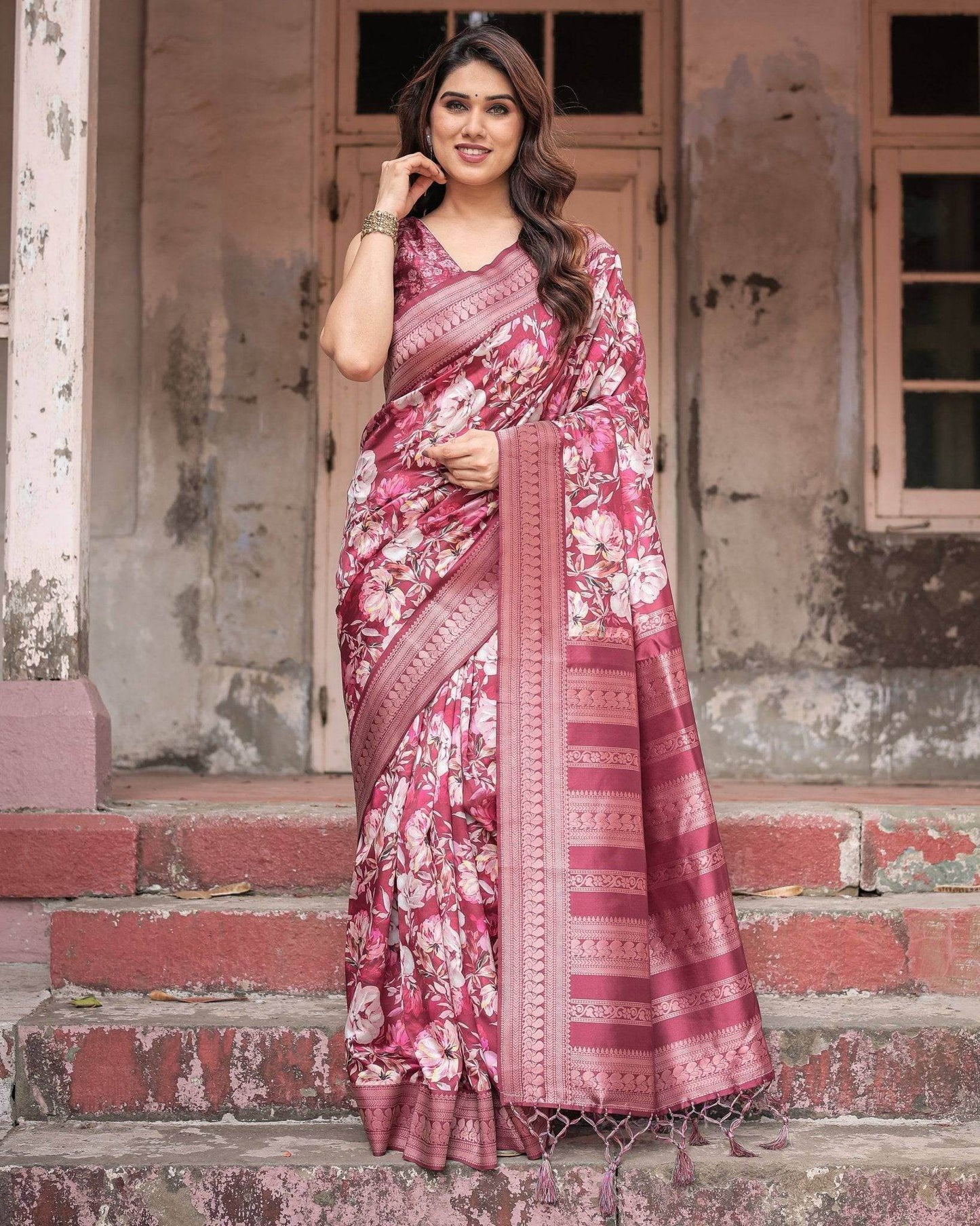 Maroon Banarasi Silk Saree with Bold Floral Digital Print & Rich Zari Border - SEEANS