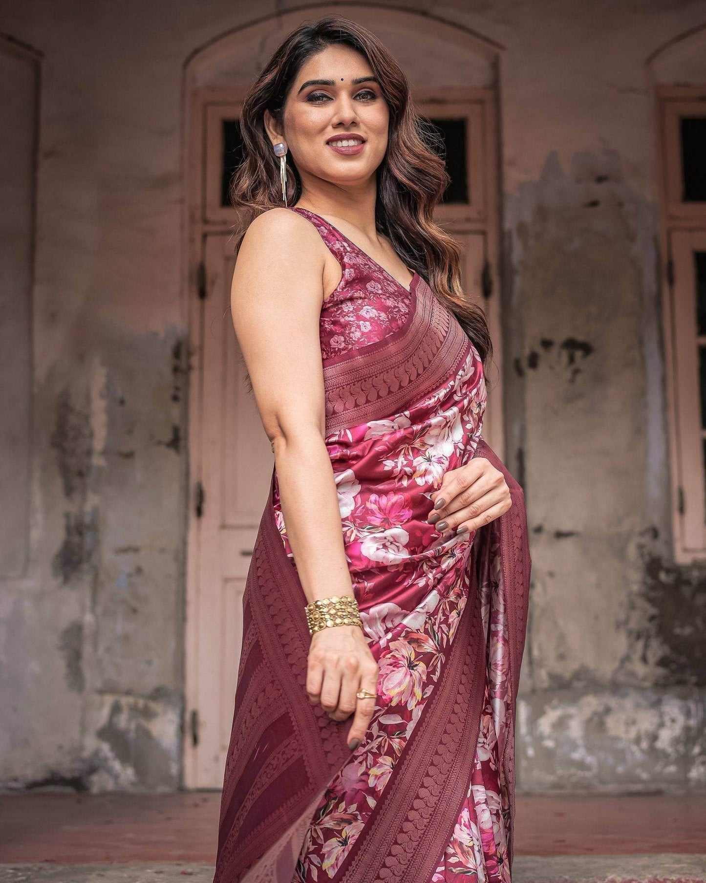 Maroon Banarasi Silk Saree with Bold Floral Digital Print & Rich Zari Border - SEEANS