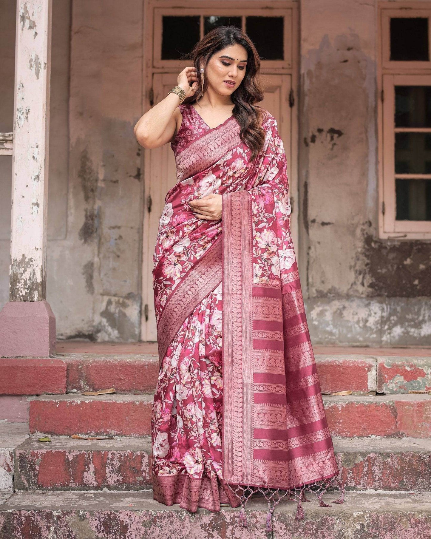 Maroon Banarasi Silk Saree with Bold Floral Digital Print & Rich Zari Border - SEEANS