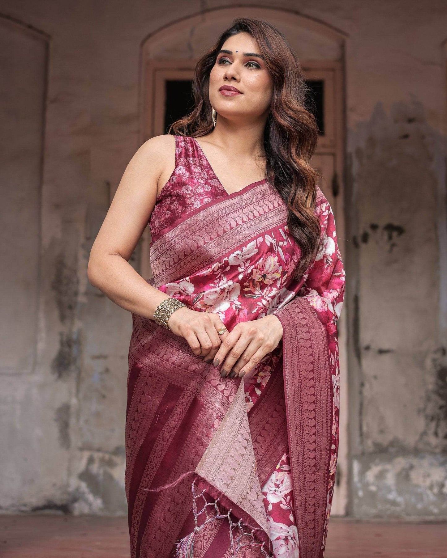 Maroon Banarasi Silk Saree with Bold Floral Digital Print & Rich Zari Border - SEEANS