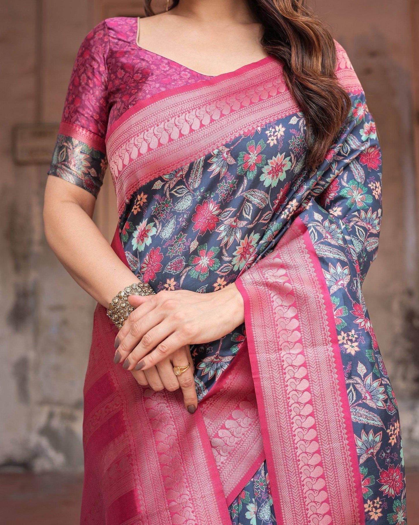 Stunning Navy Banarasi Silk Saree with Vibrant Floral Prints and Pink Zari Border - SEEANS