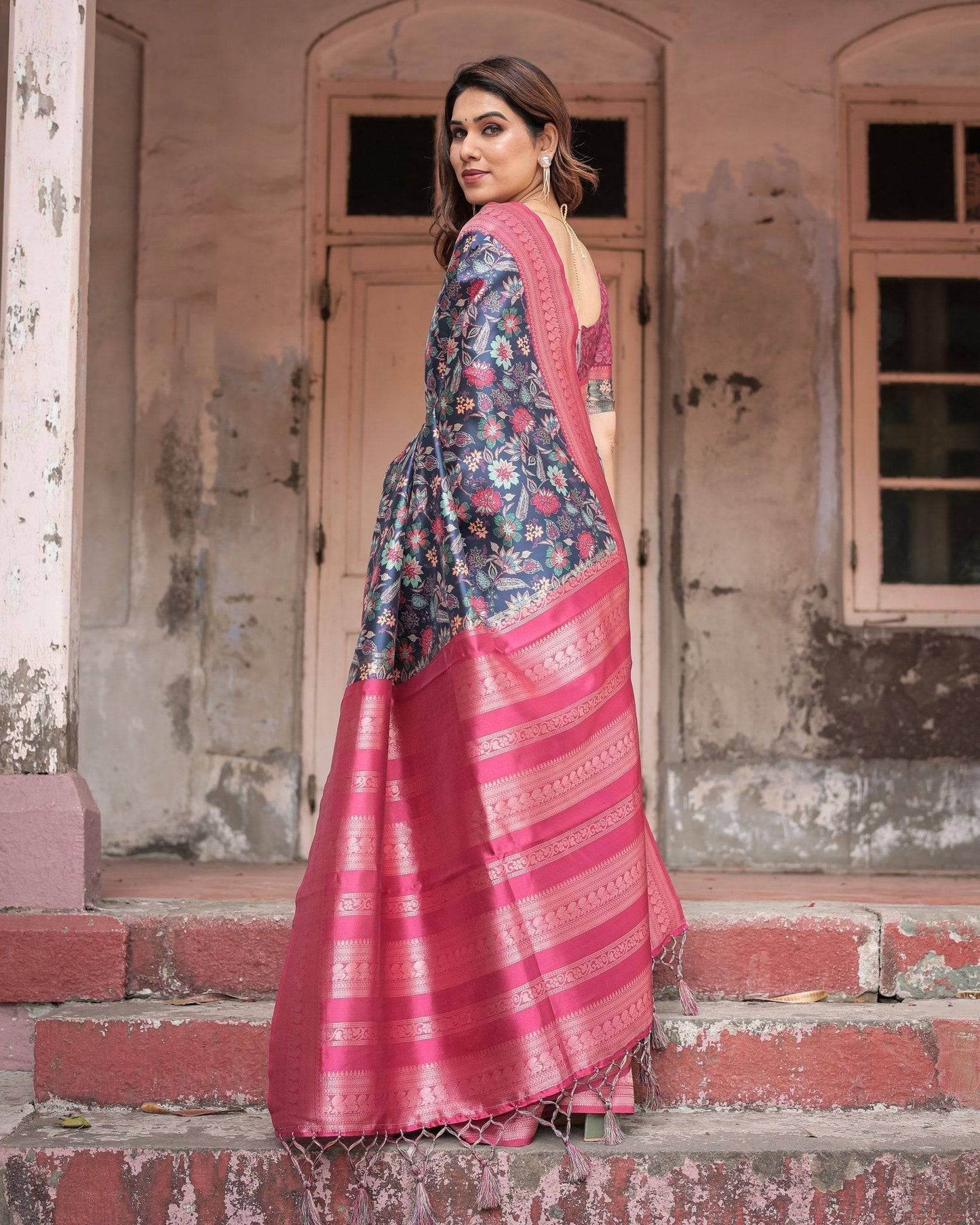 Stunning Navy Banarasi Silk Saree with Vibrant Floral Prints and Pink Zari Border - SEEANS