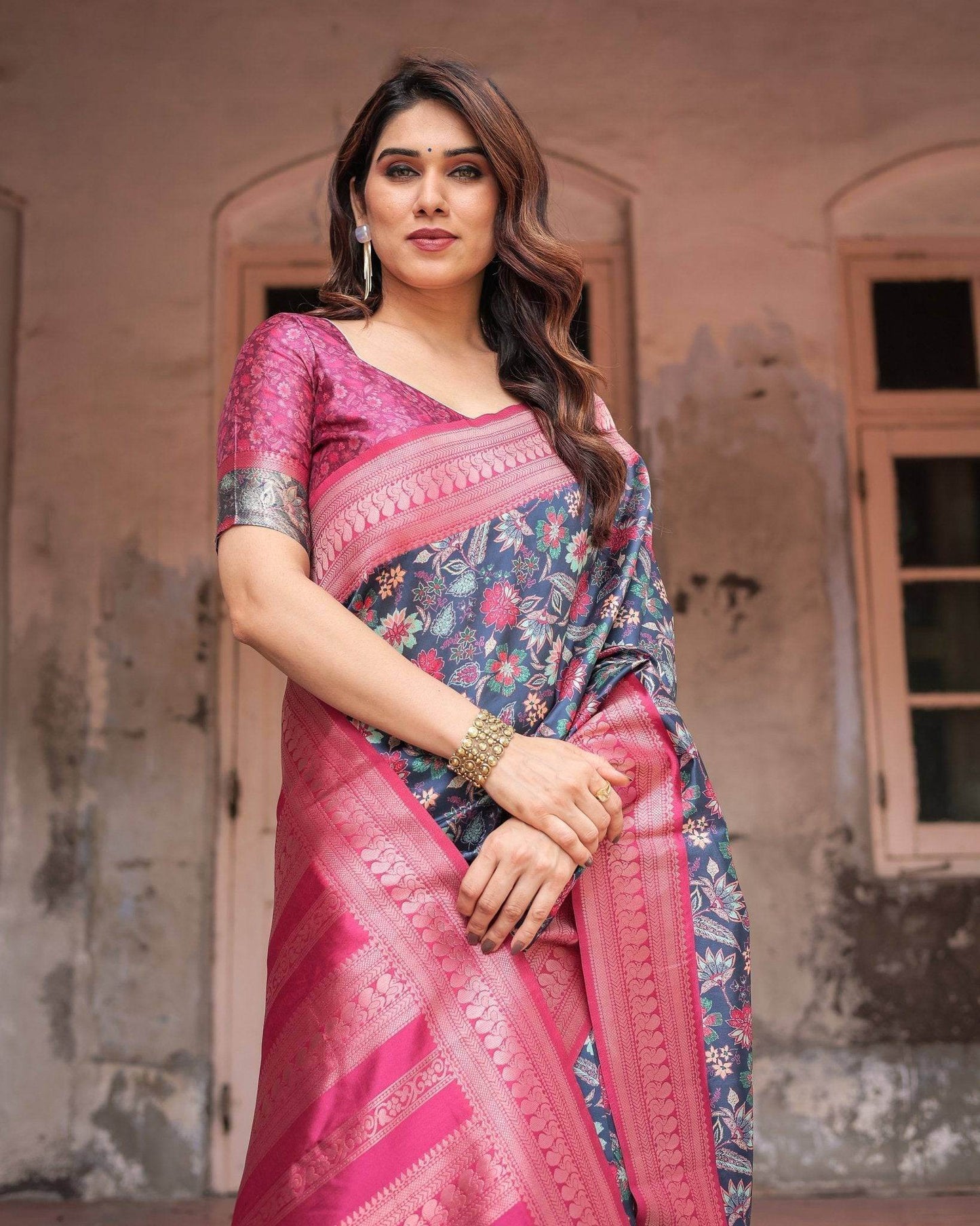 Stunning Navy Banarasi Silk Saree with Vibrant Floral Prints and Pink Zari Border - SEEANS