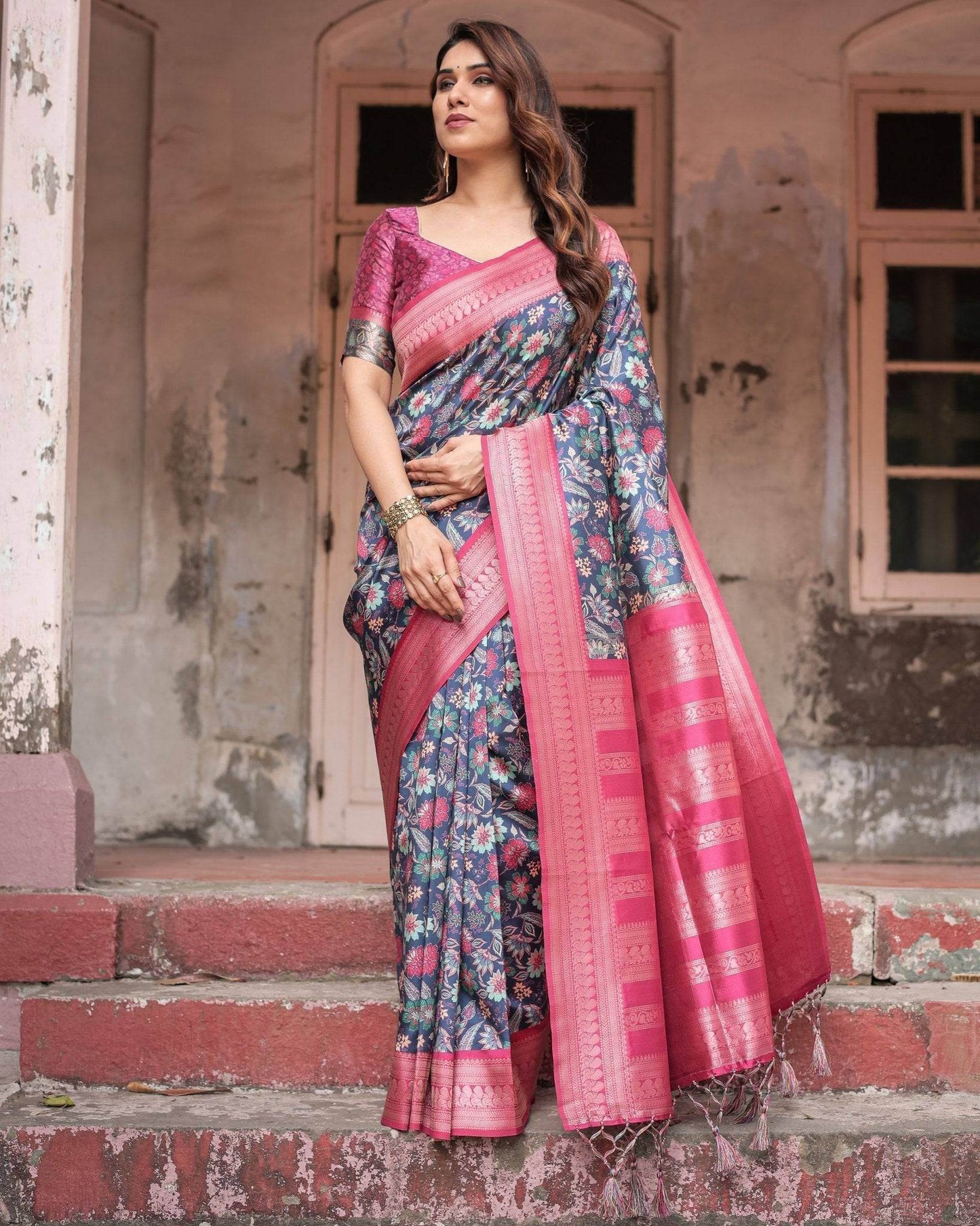 Stunning Navy Banarasi Silk Saree with Vibrant Floral Prints and Pink Zari Border - SEEANS