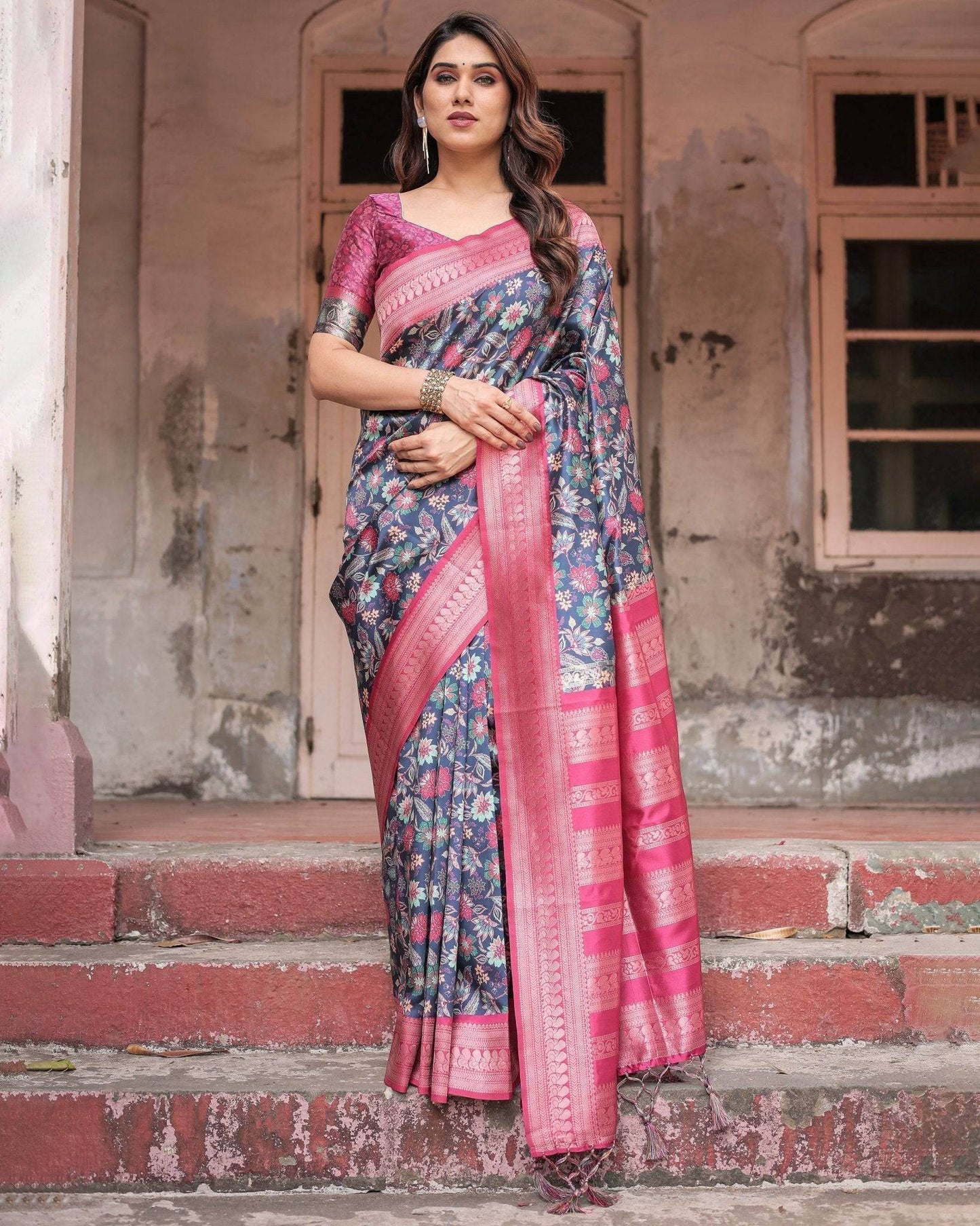 Stunning Navy Banarasi Silk Saree with Vibrant Floral Prints and Pink Zari Border - SEEANS