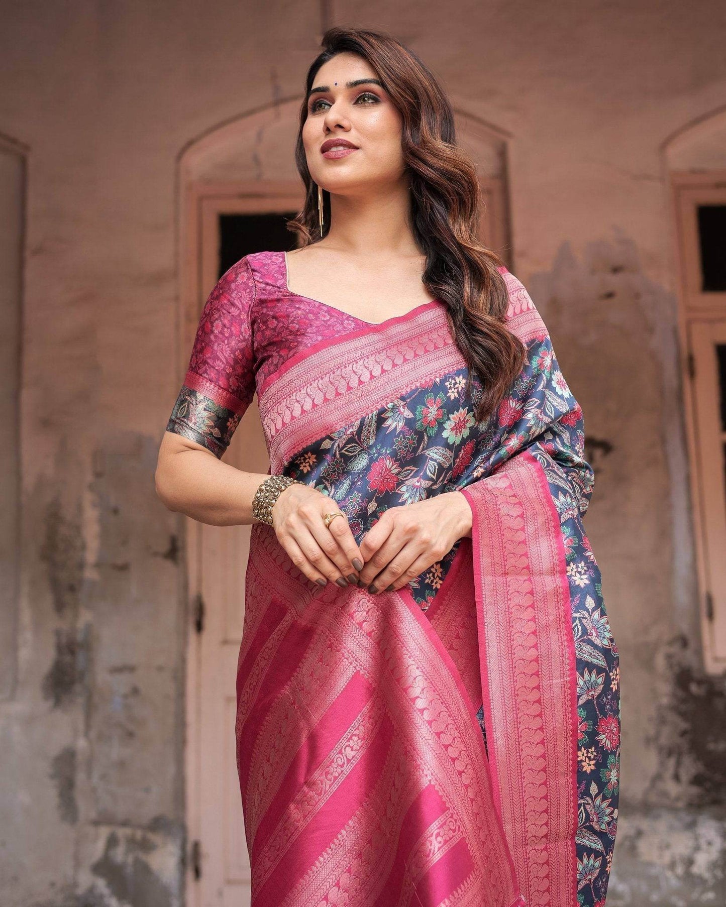 Stunning Navy Banarasi Silk Saree with Vibrant Floral Prints and Pink Zari Border - SEEANS