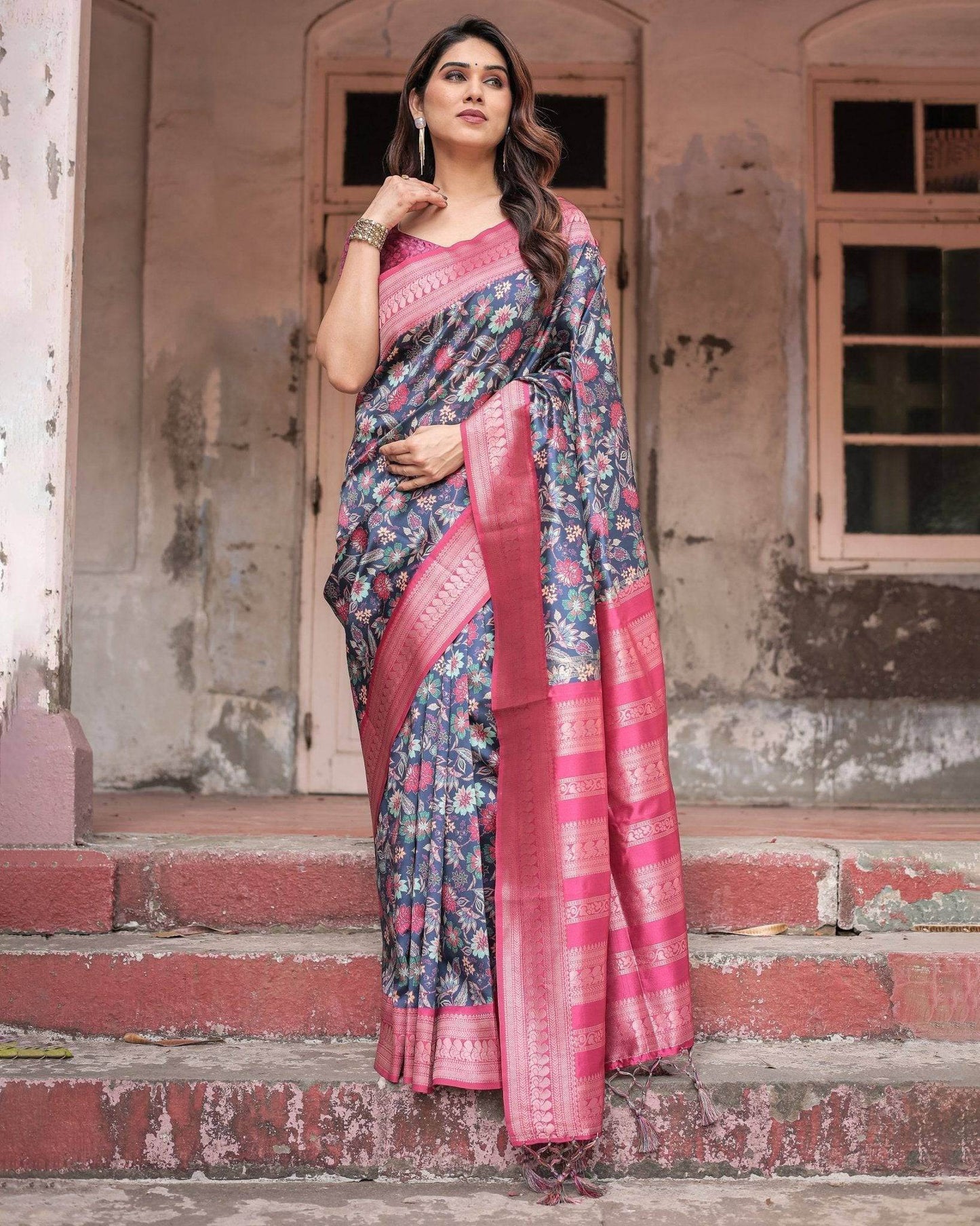 Stunning Navy Banarasi Silk Saree with Vibrant Floral Prints and Pink Zari Border - SEEANS