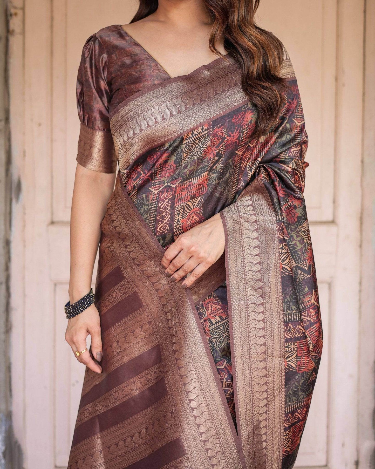 Rich Chocolate Banarasi Silk Saree with Geometric Print and Zari Border - SEEANS