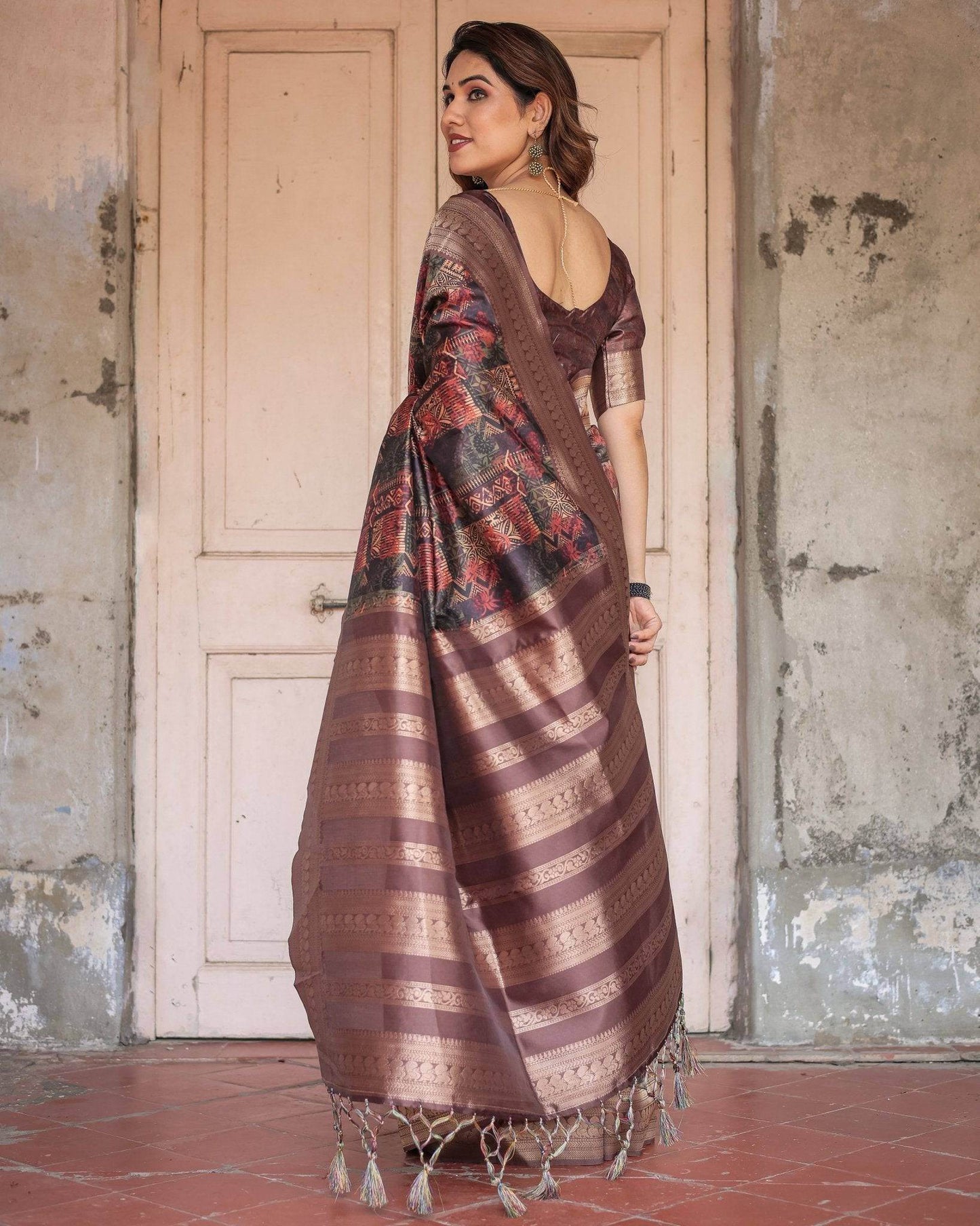 Rich Chocolate Banarasi Silk Saree with Geometric Print and Zari Border - SEEANS