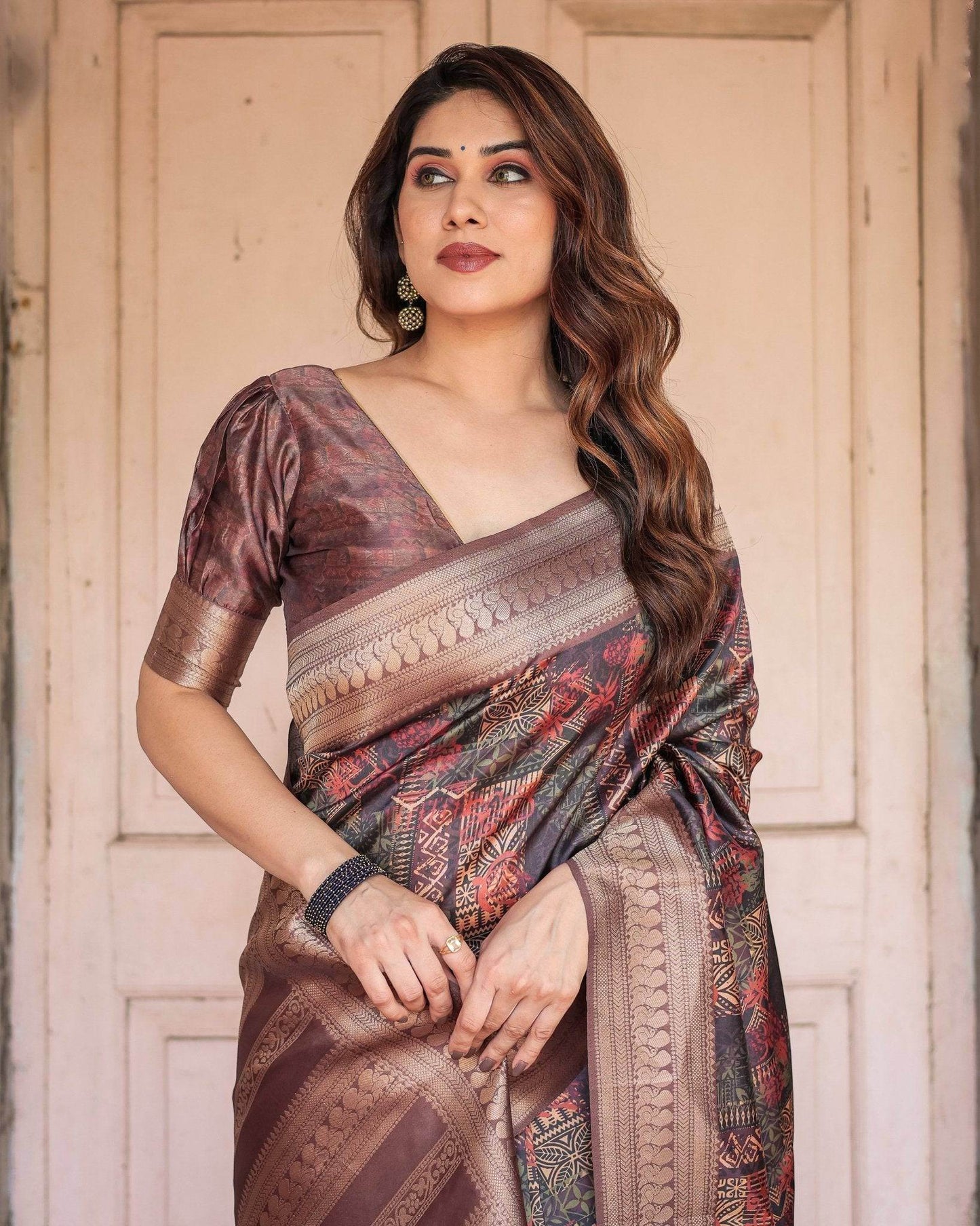 Rich Chocolate Banarasi Silk Saree with Geometric Print and Zari Border - SEEANS