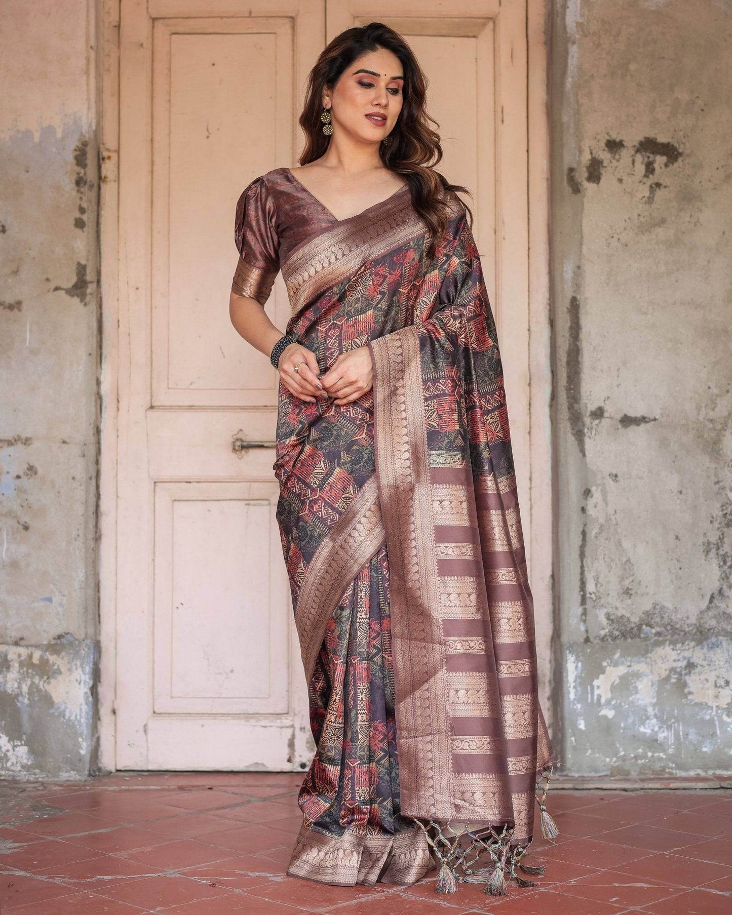 Rich Chocolate Banarasi Silk Saree with Geometric Print and Zari Border - SEEANS