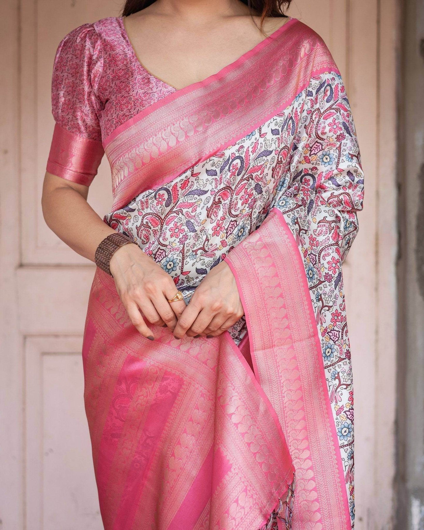 Pink Banarasi Silk Saree with Vibrant Floral Digital Print & Elegant Zari Border - SEEANS