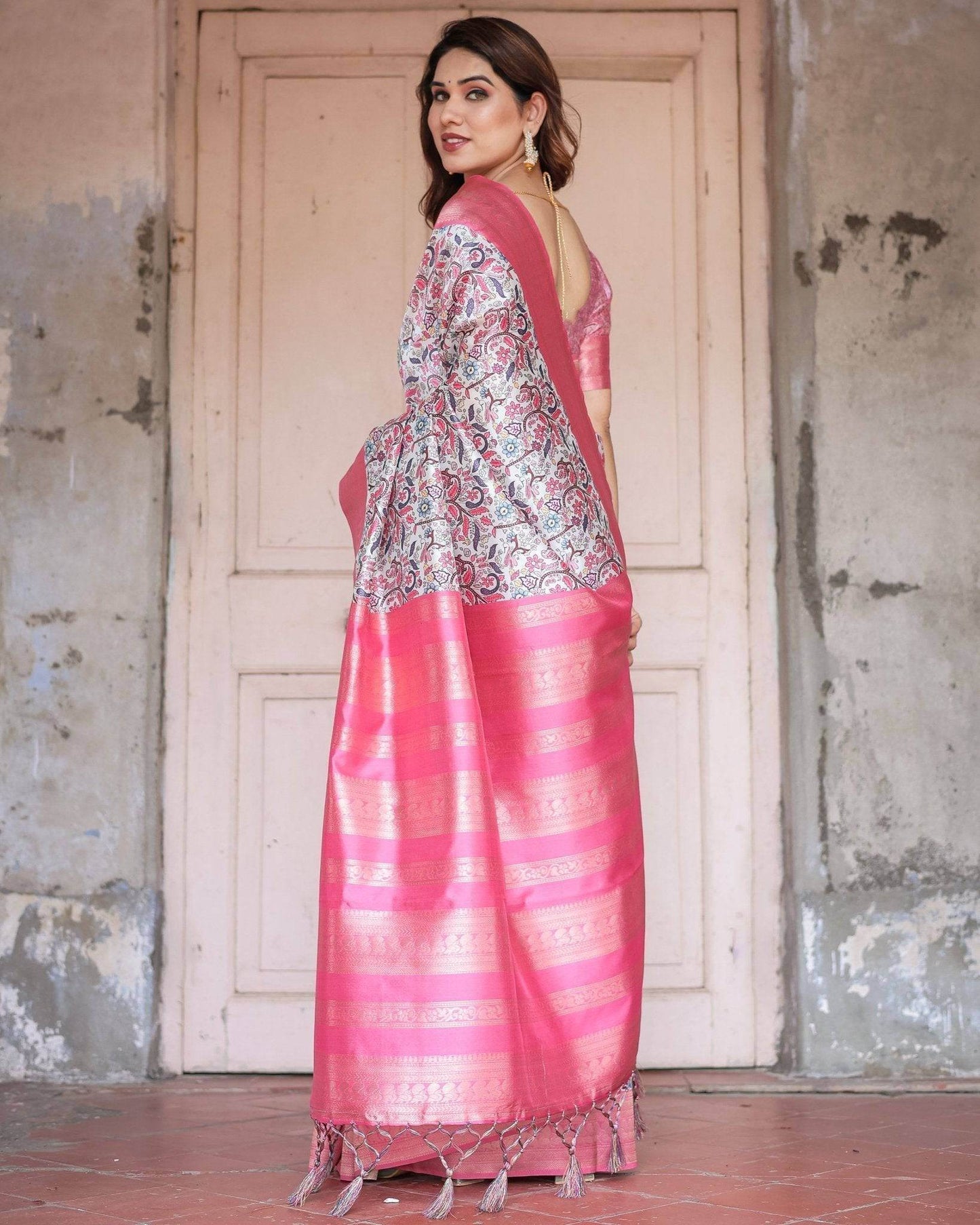 Pink Banarasi Silk Saree with Vibrant Floral Digital Print & Elegant Zari Border - SEEANS