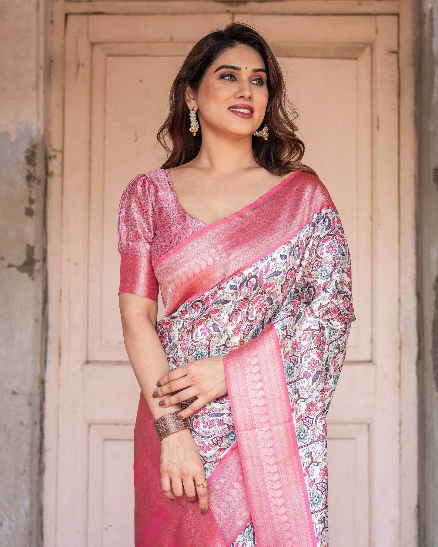 Pink Banarasi Silk Saree with Vibrant Floral Digital Print & Elegant Zari Border - SEEANS