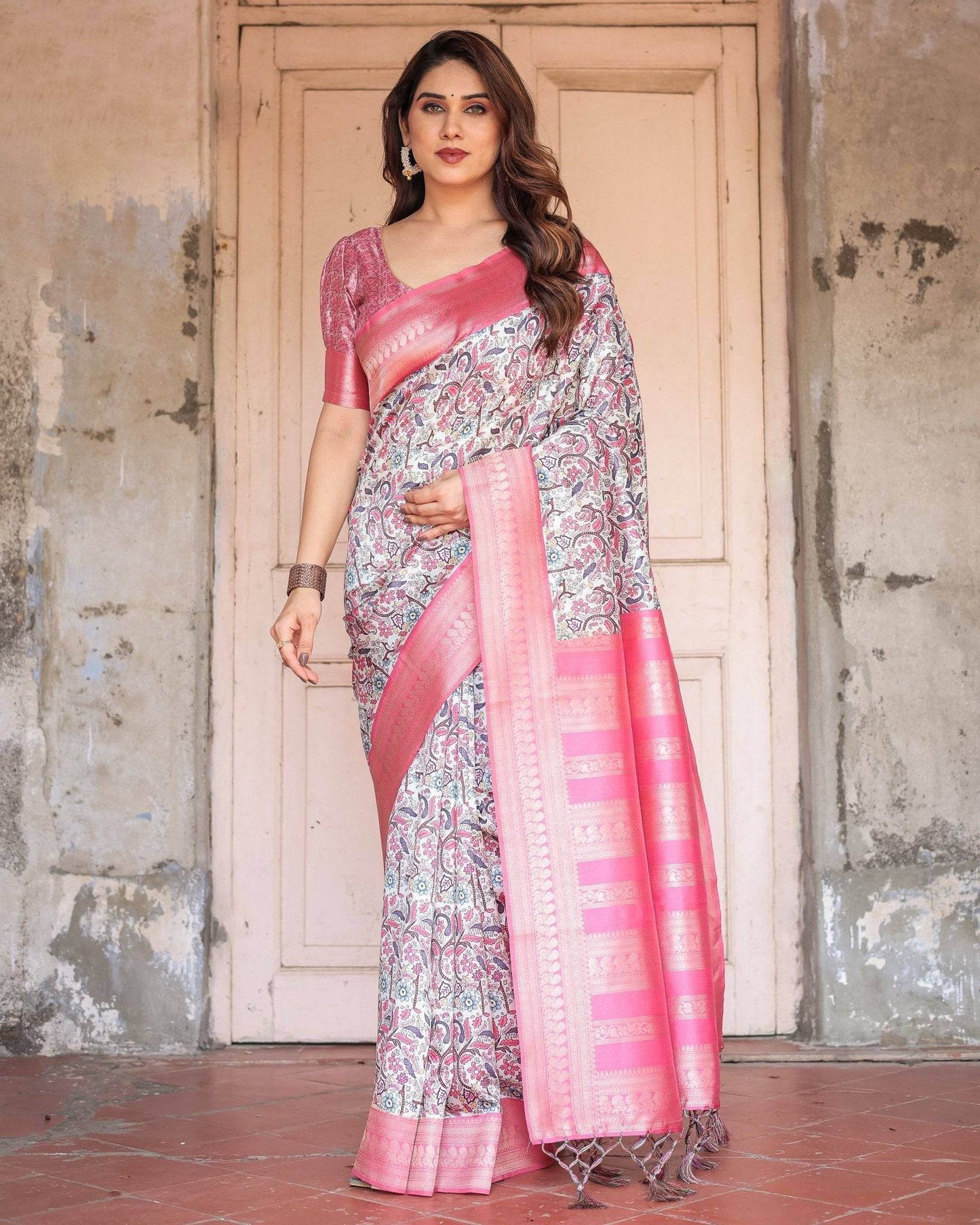 Pink Banarasi Silk Saree with Vibrant Floral Digital Print & Elegant Zari Border - SEEANS