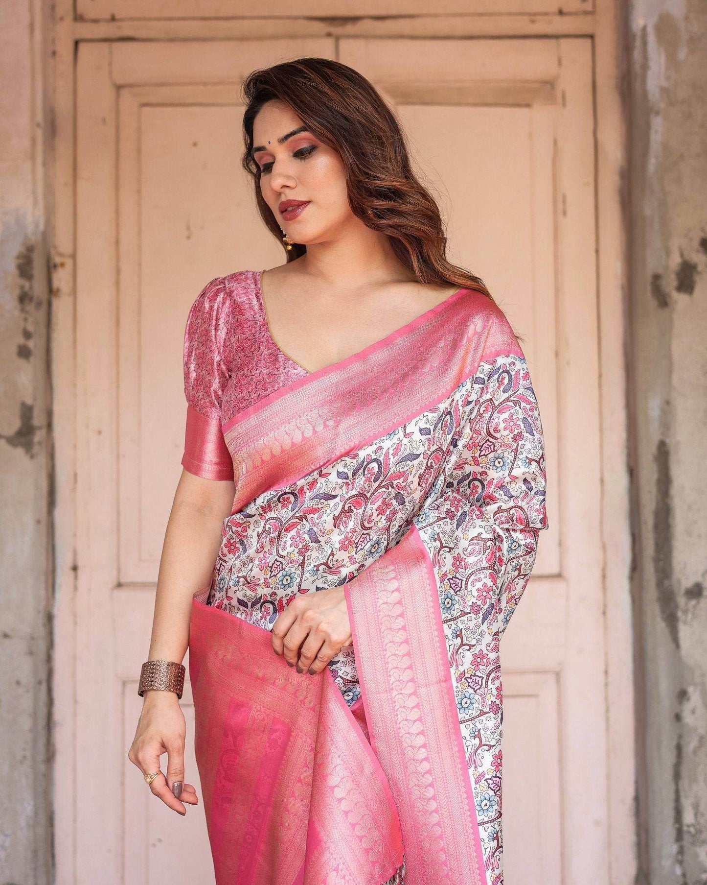 Pink Banarasi Silk Saree with Vibrant Floral Digital Print & Elegant Zari Border - SEEANS