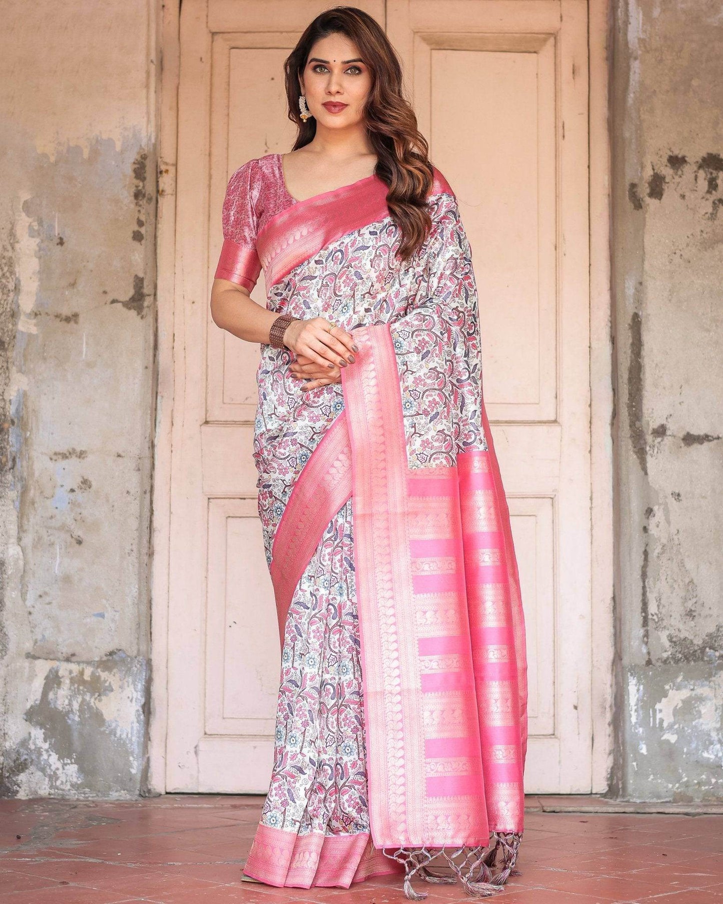 Pink Banarasi Silk Saree with Vibrant Floral Digital Print & Elegant Zari Border - SEEANS