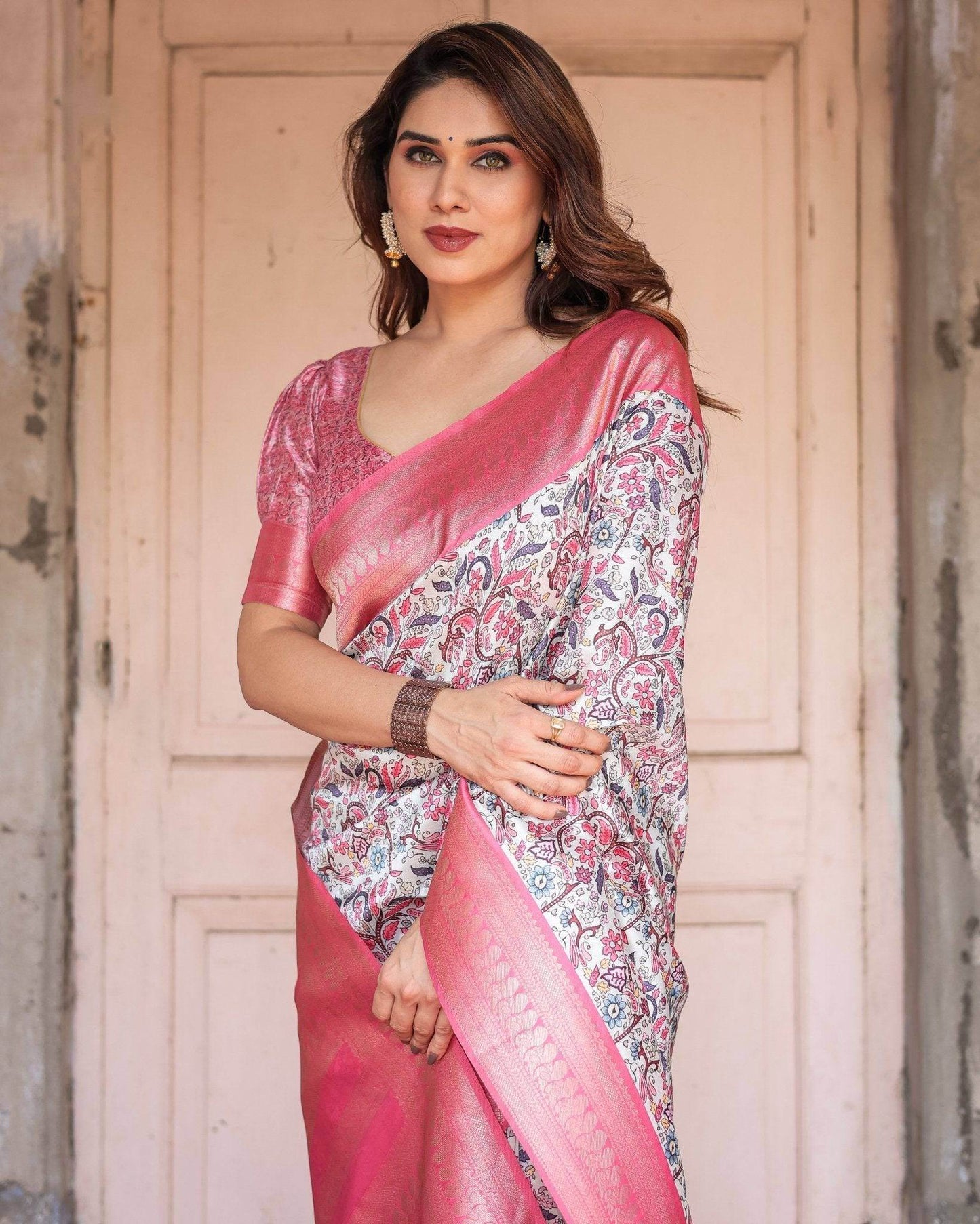 Pink Banarasi Silk Saree with Vibrant Floral Digital Print & Elegant Zari Border - SEEANS
