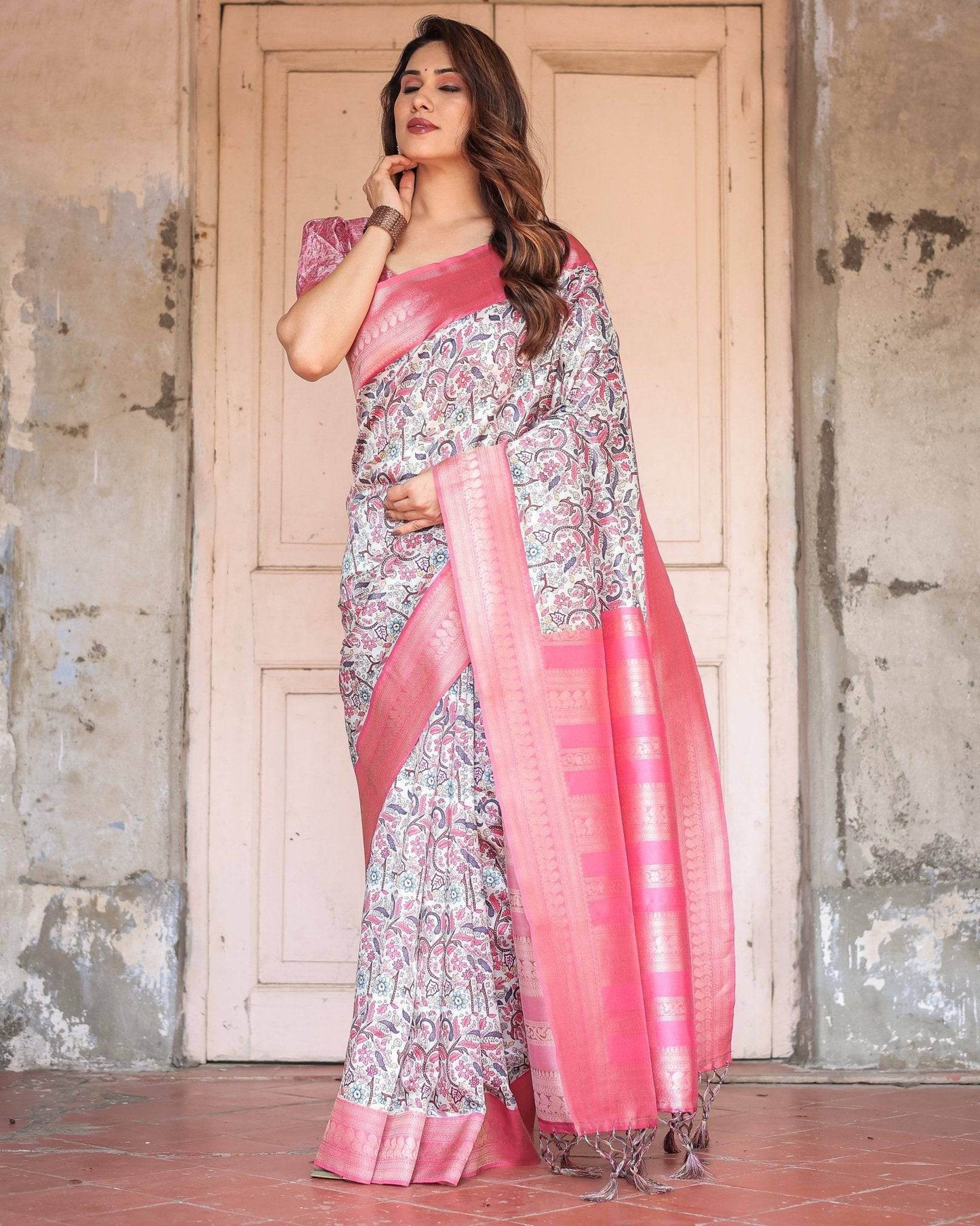 Pink Banarasi Silk Saree with Vibrant Floral Digital Print & Elegant Zari Border - SEEANS