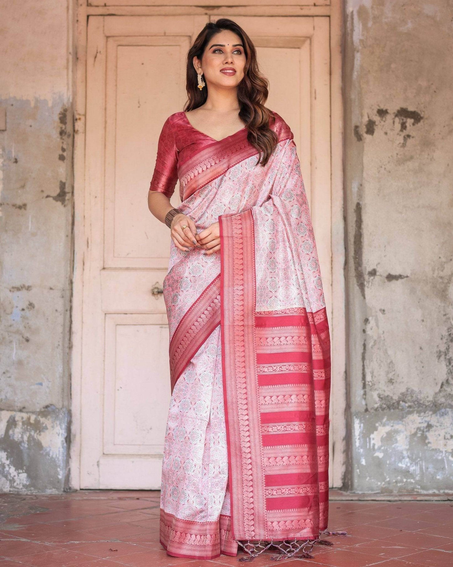 Crimson Red Banarasi Silk Saree with Geometric Digital Print & Zari Border - SEEANS