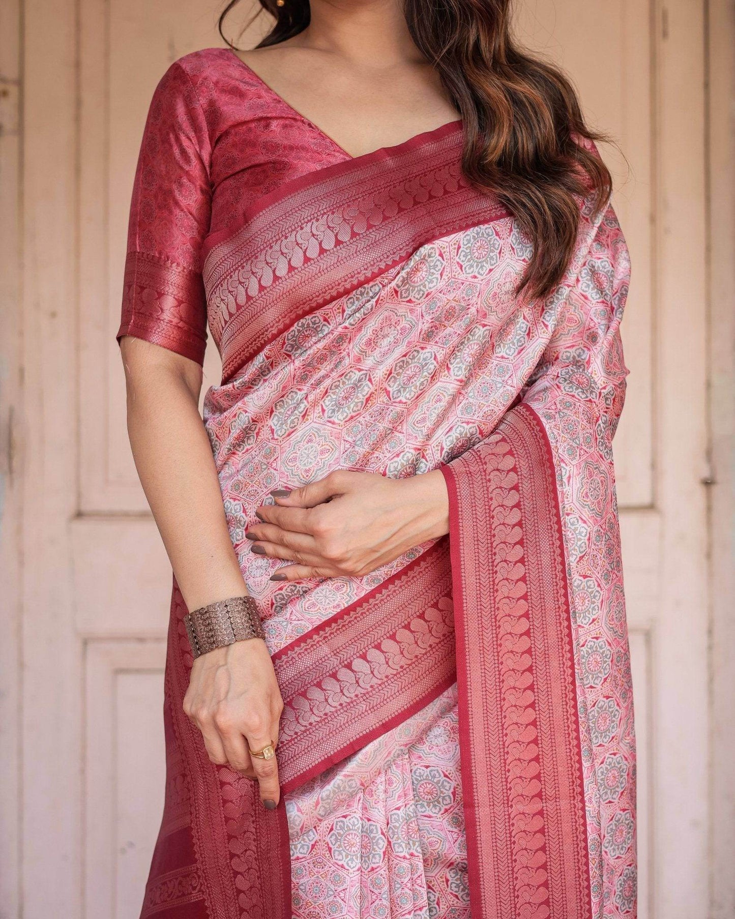 Crimson Red Banarasi Silk Saree with Geometric Digital Print & Zari Border - SEEANS
