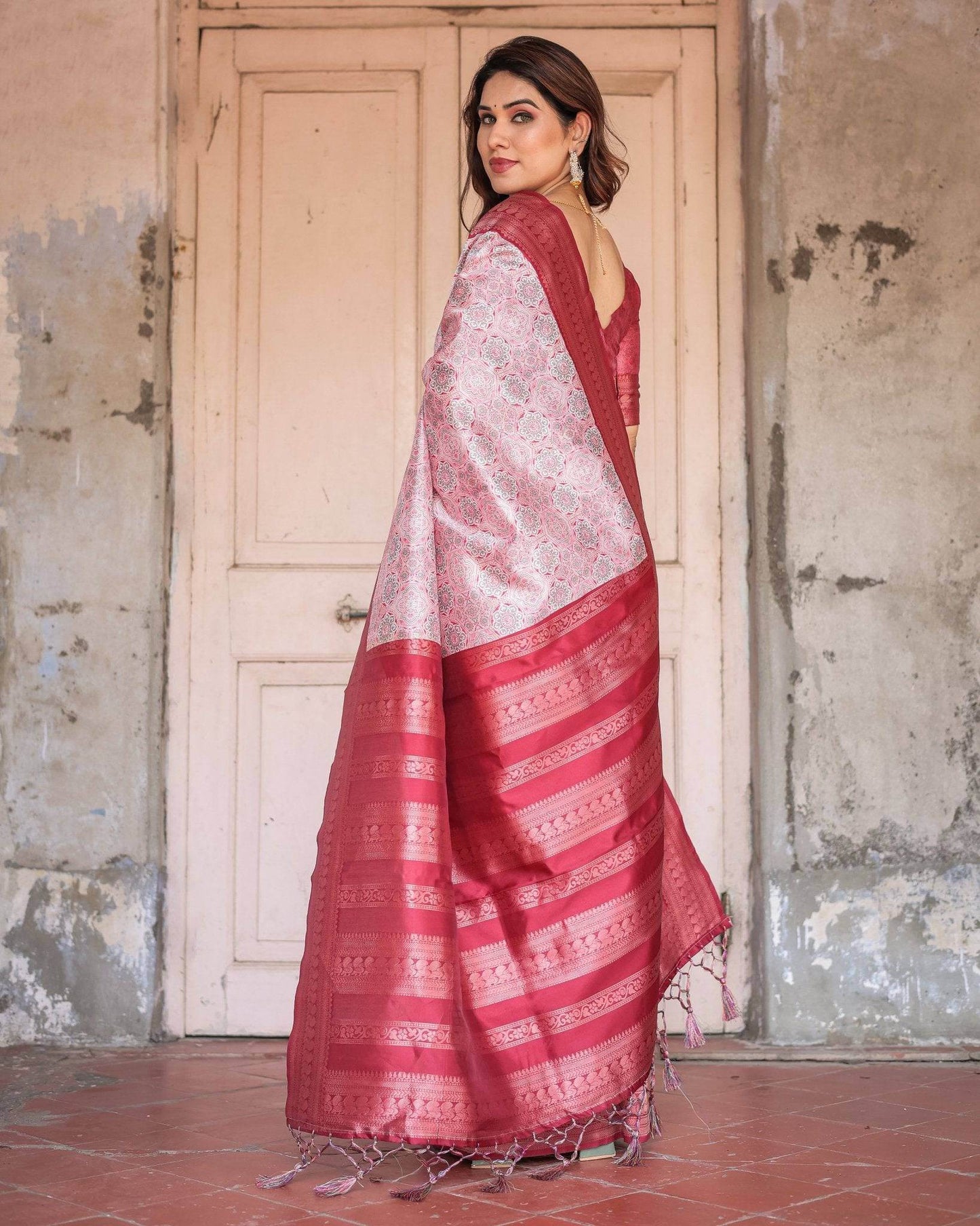 Crimson Red Banarasi Silk Saree with Geometric Digital Print & Zari Border - SEEANS