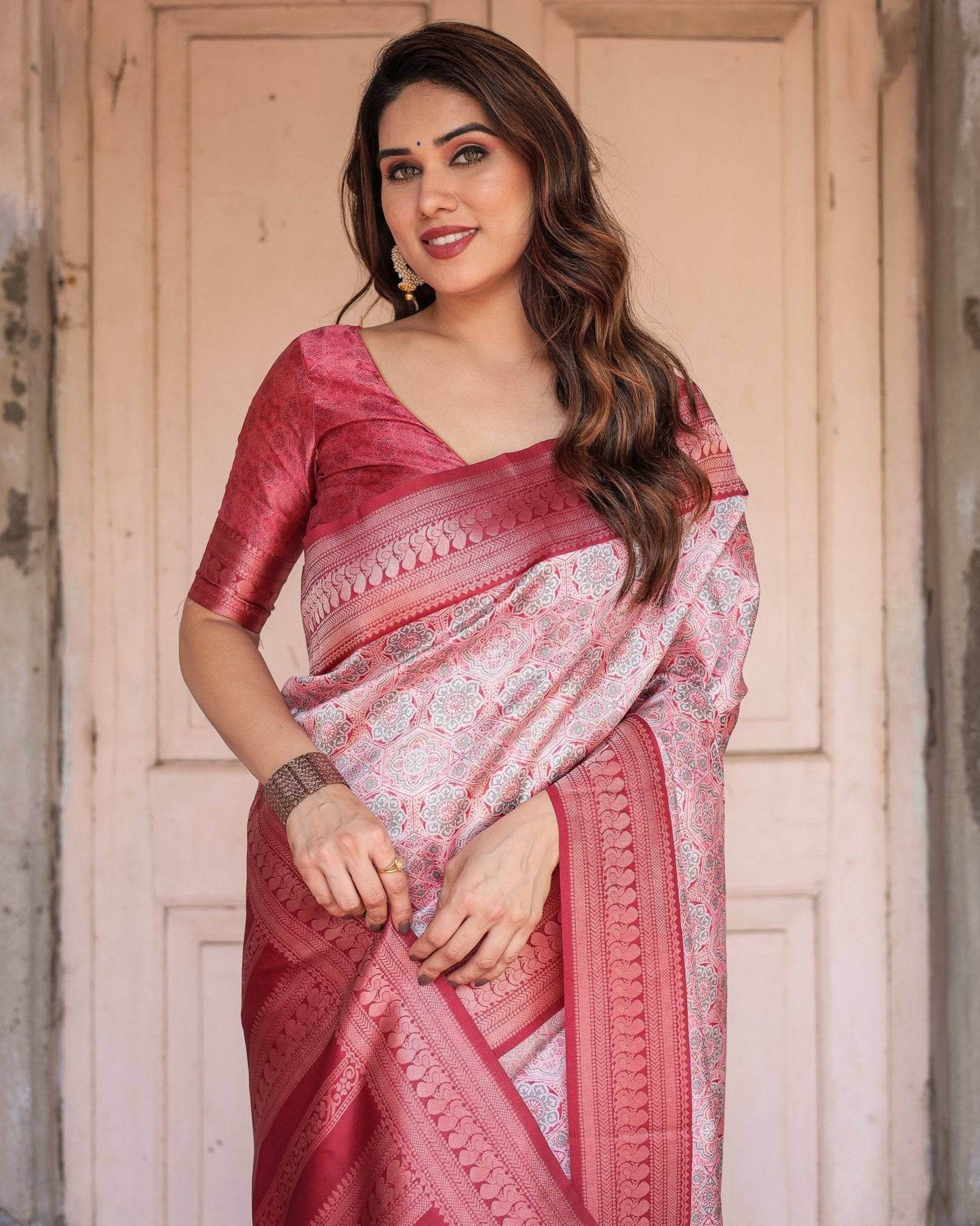 Crimson Red Banarasi Silk Saree with Geometric Digital Print & Zari Border - SEEANS