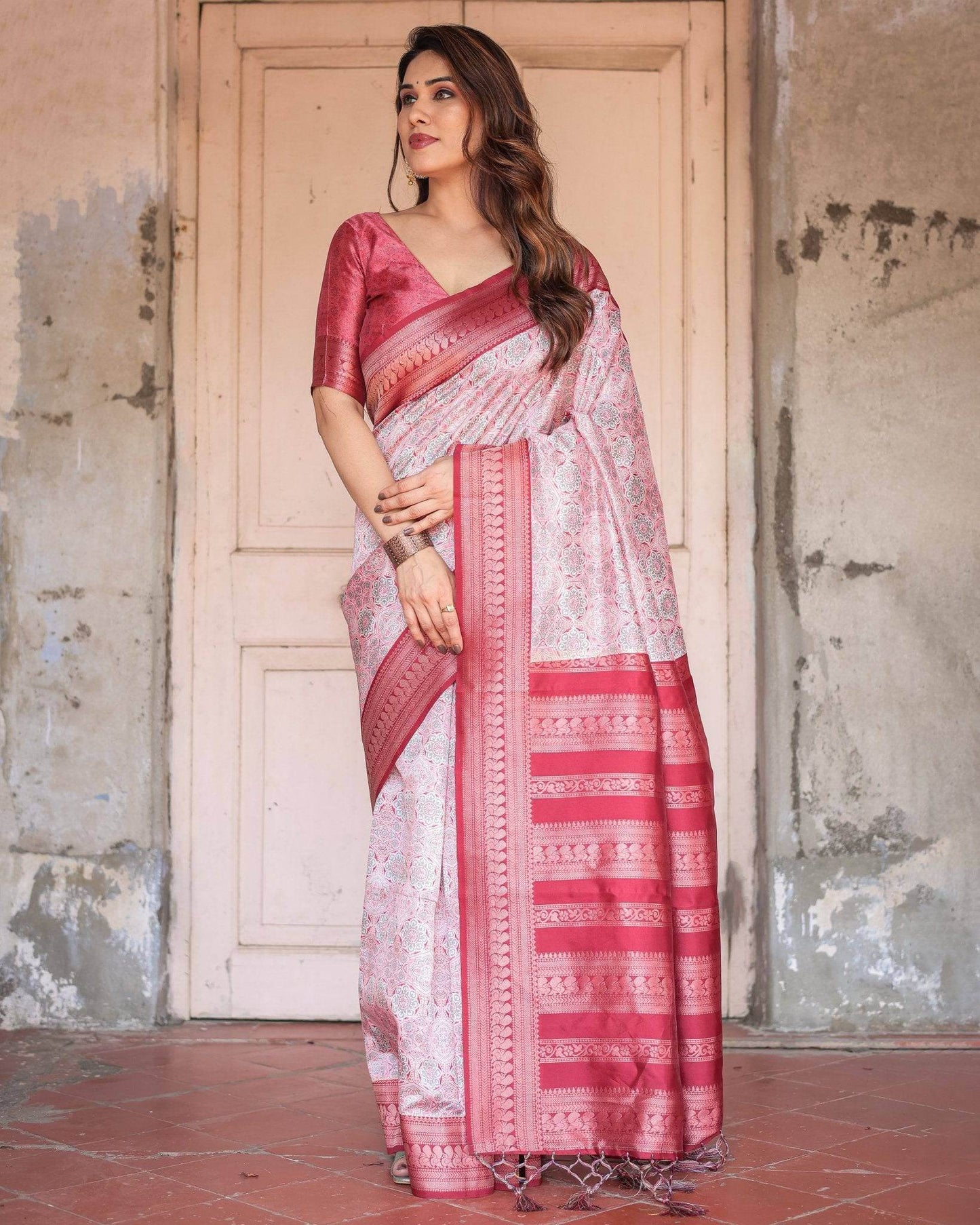 Crimson Red Banarasi Silk Saree with Geometric Digital Print & Zari Border - SEEANS